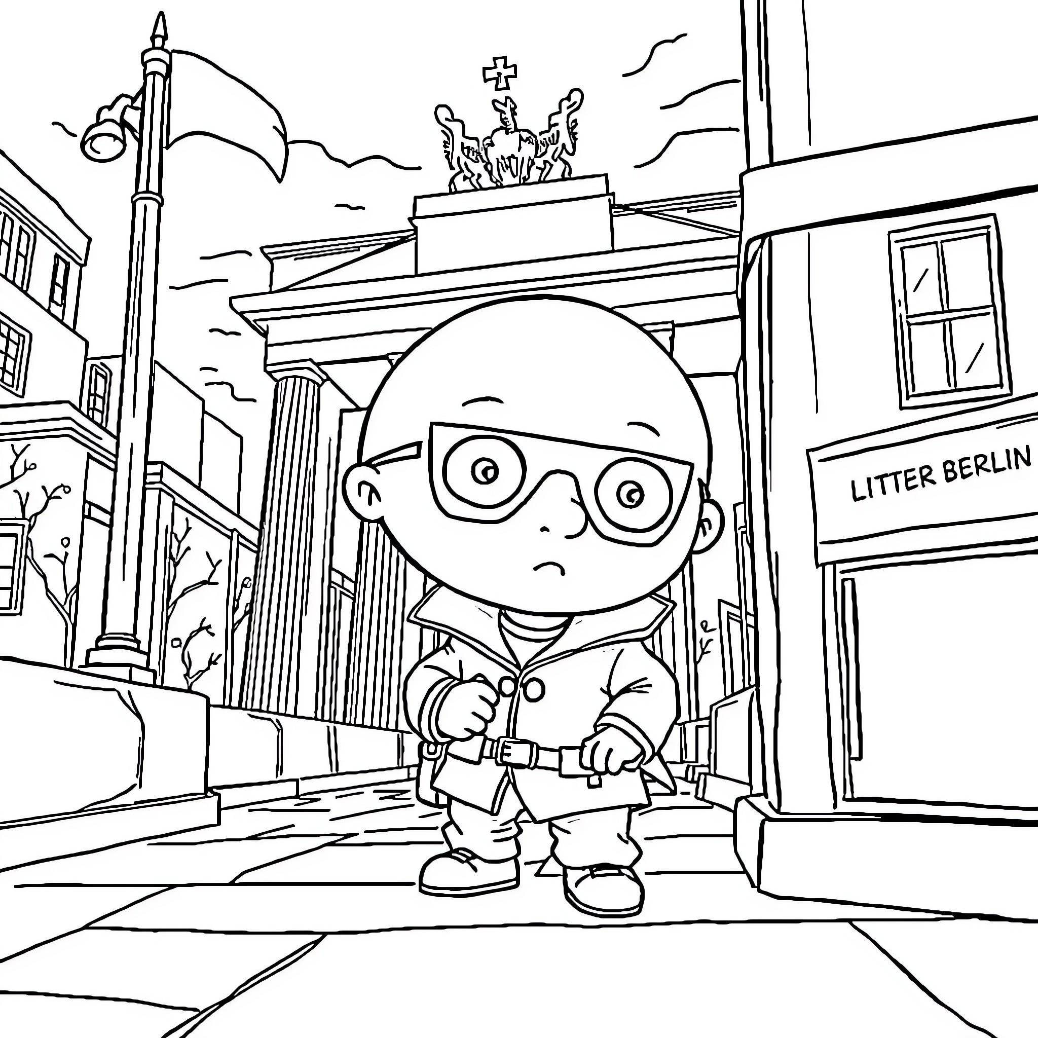 Stewie Griffin exploring the streets of Berlin Coloring Page (free black-and-white line drawing printable PDF for all, from beginners to advanced learners, including children, teens, adults, and seniors)