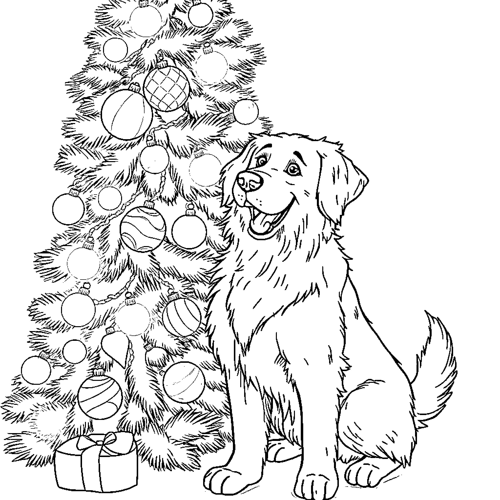 Golden Retriever sitting near decorated tree Coloring Page (free black-and-white line drawing printable PDF for all, from beginners to advanced learners, including children, teens, adults, and seniors)