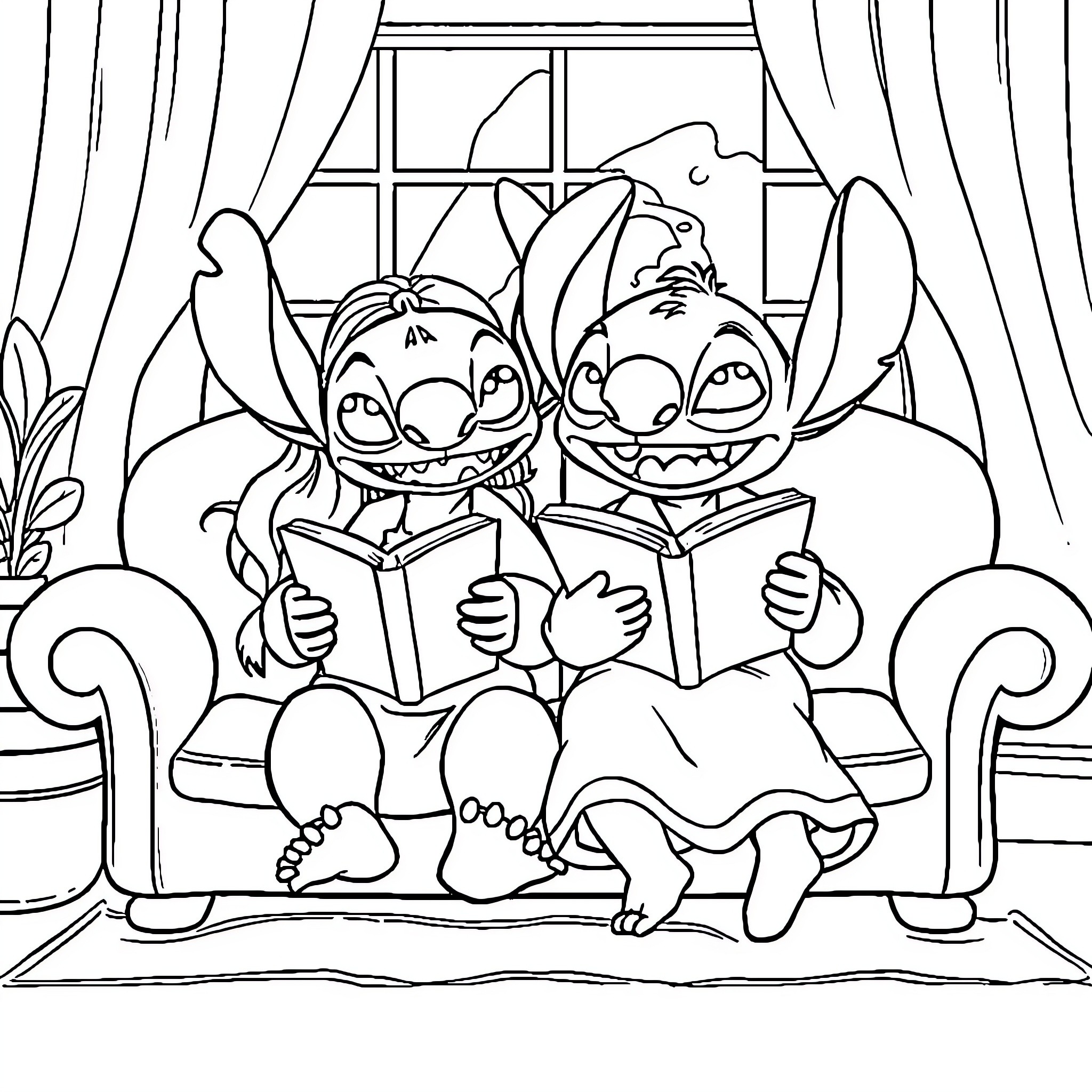 Lilo And Stitch Reading Books Together Coloring Page (free black-and-white line drawing printable PDF for all, from beginners to advanced learners, including children, teens, adults, and seniors)