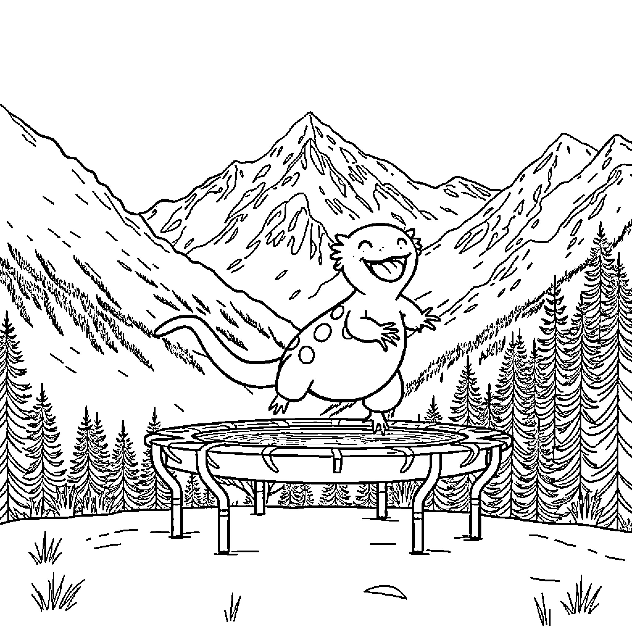 Axolotl Enjoying the Mountainous Landscape Coloring Page (free black-and-white line drawing printable PDF for all, from beginners to advanced learners, including children, teens, adults, and seniors)