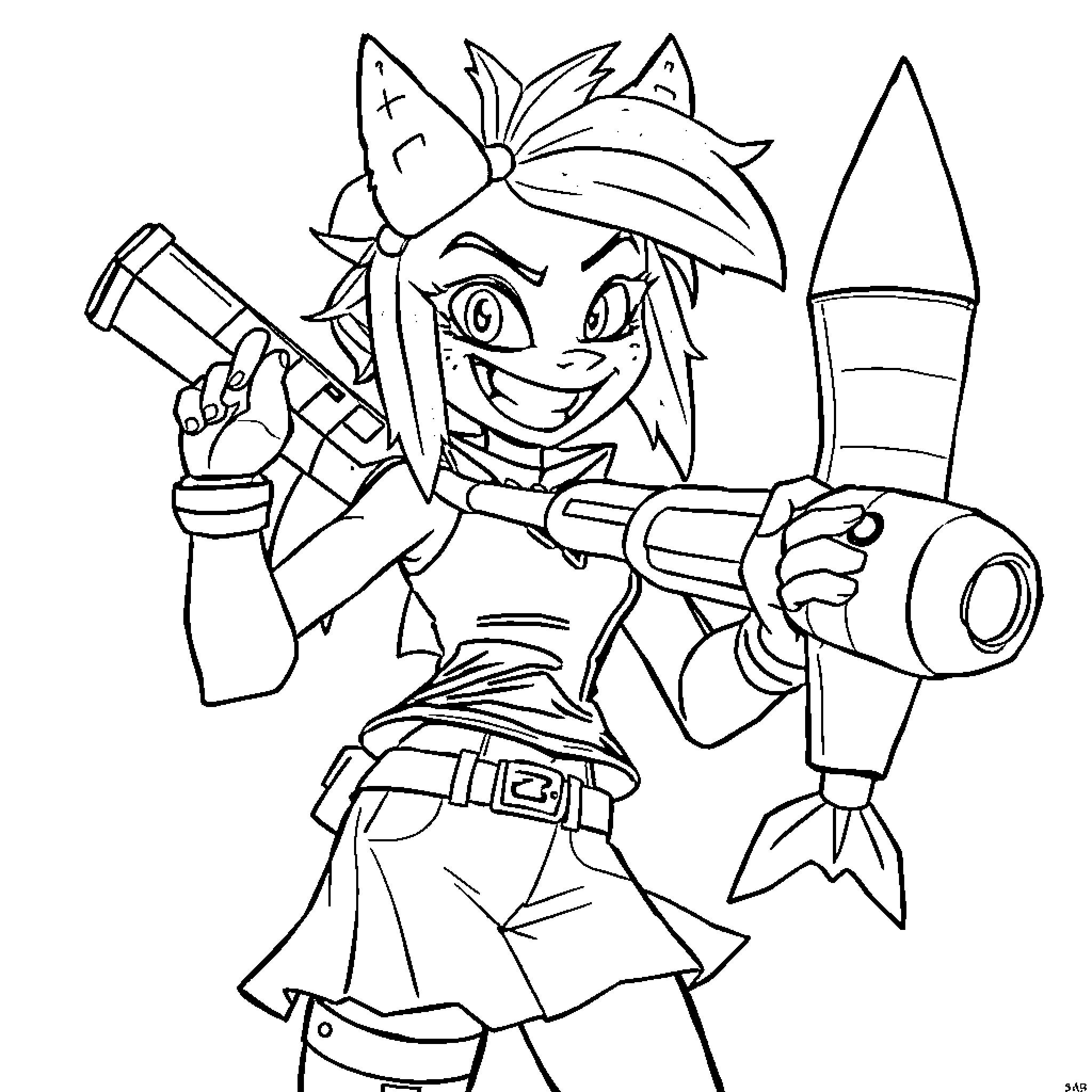 Jinx - Mischievous Gunslinger in Action Coloring Page (free black-and-white line drawing printable PDF for all, from beginners to advanced learners, including children, teens, adults, and seniors)