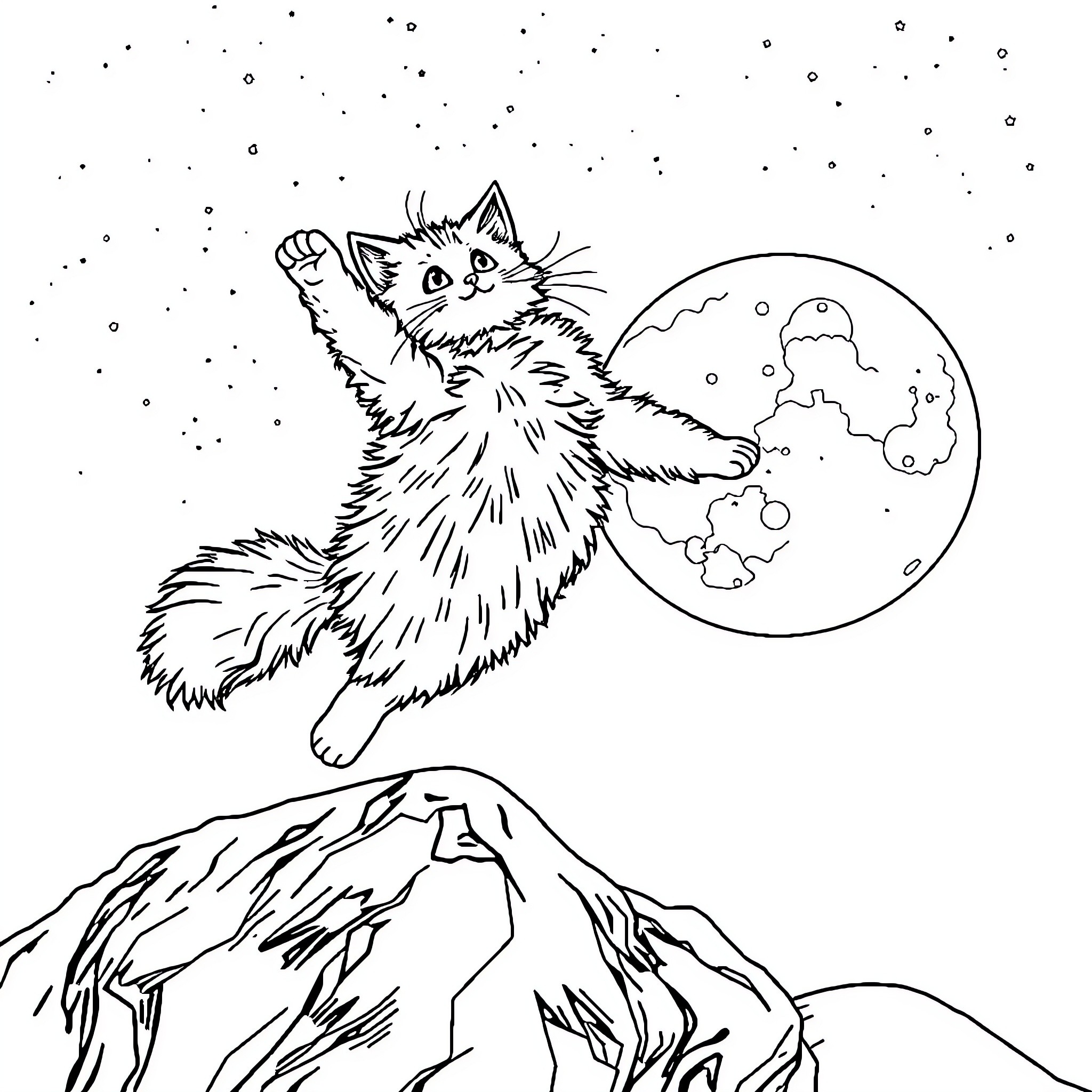 Cat exploring the night sky and mountains Coloring Page (free black-and-white line drawing printable PDF for all, from beginners to advanced learners, including children, teens, adults, and seniors)