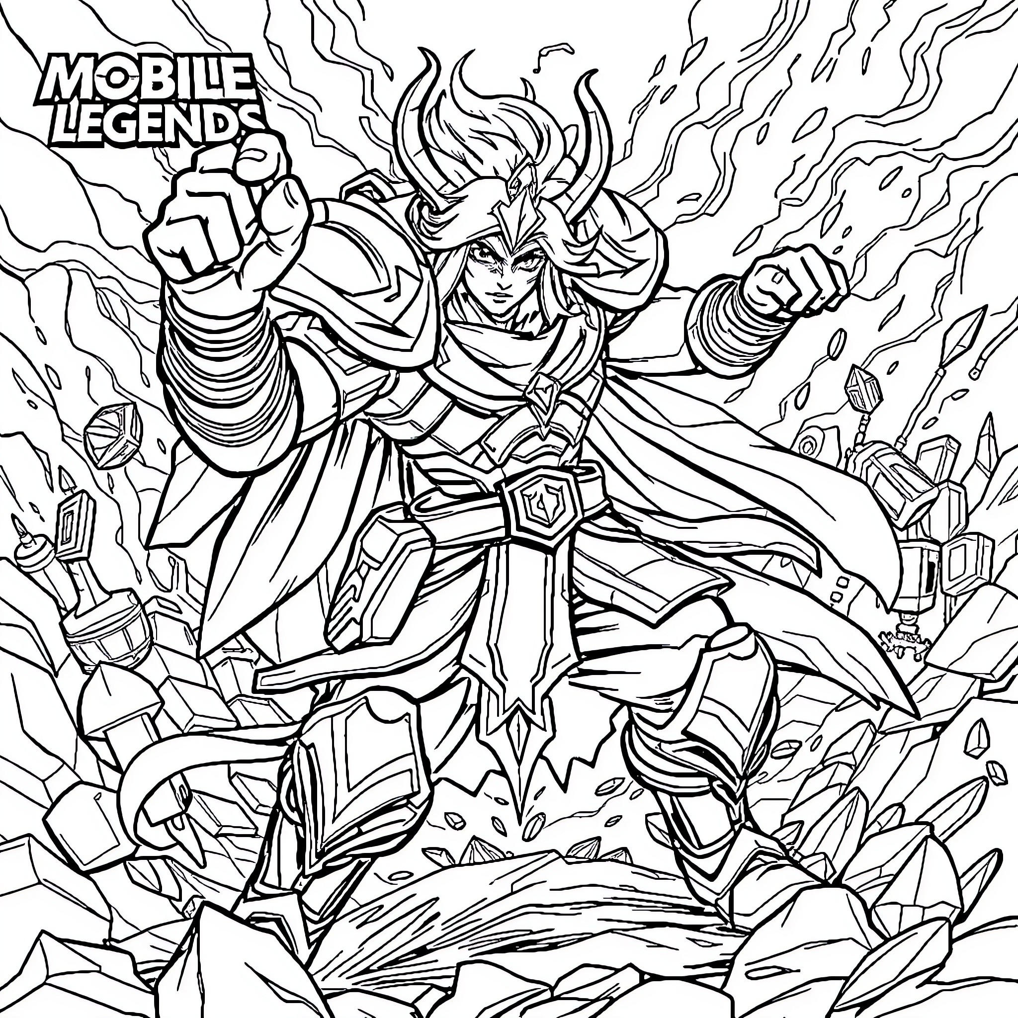 Hero Warrior Unleashing Powerful Abilities in Battle Coloring Page (free black-and-white line drawing printable PDF for all, from beginners to advanced learners, including children, teens, adults, and seniors)
