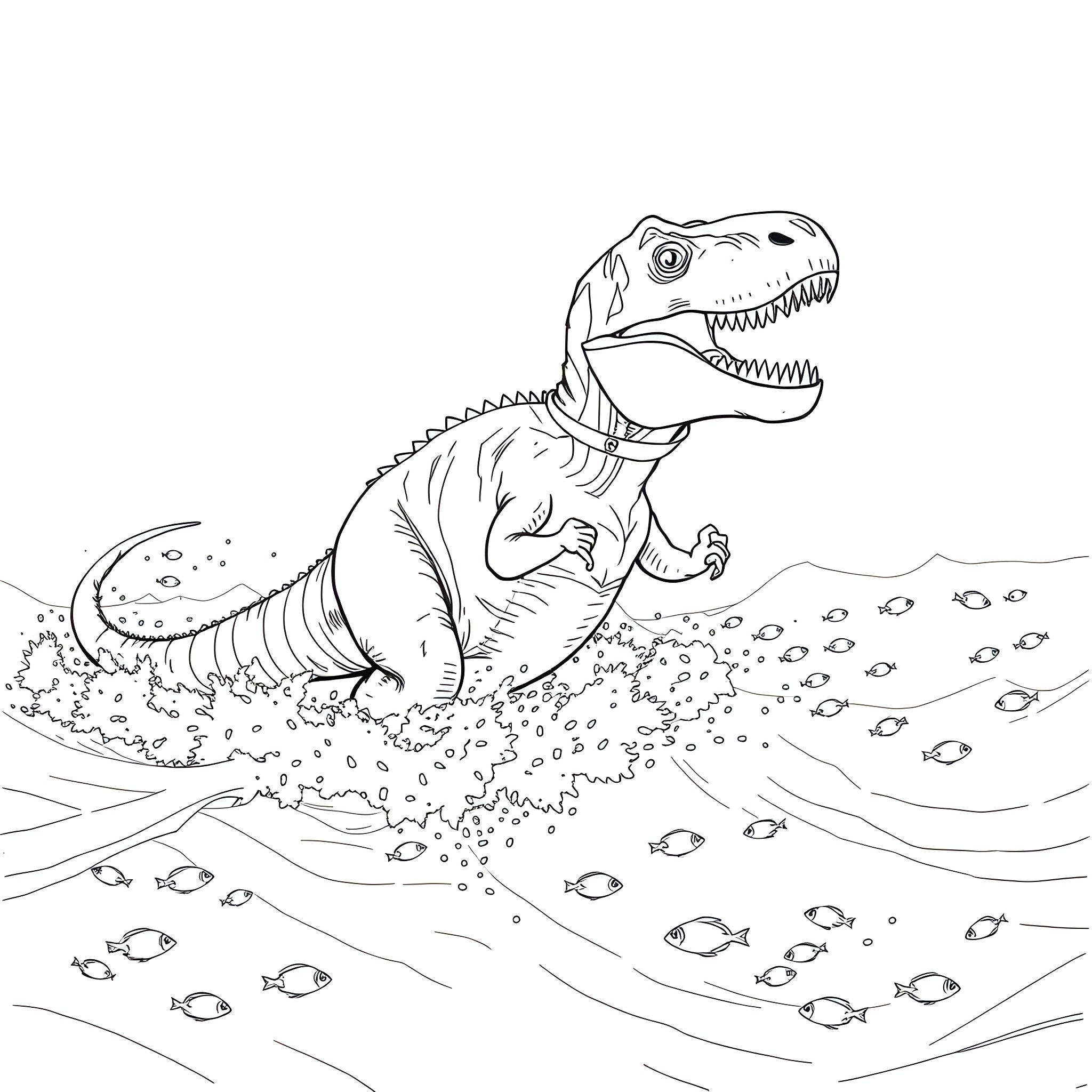 T-Rex chasing fish in the ocean Coloring Page (free black-and-white line drawing printable PDF for all, from beginners to advanced learners, including children, teens, adults, and seniors)