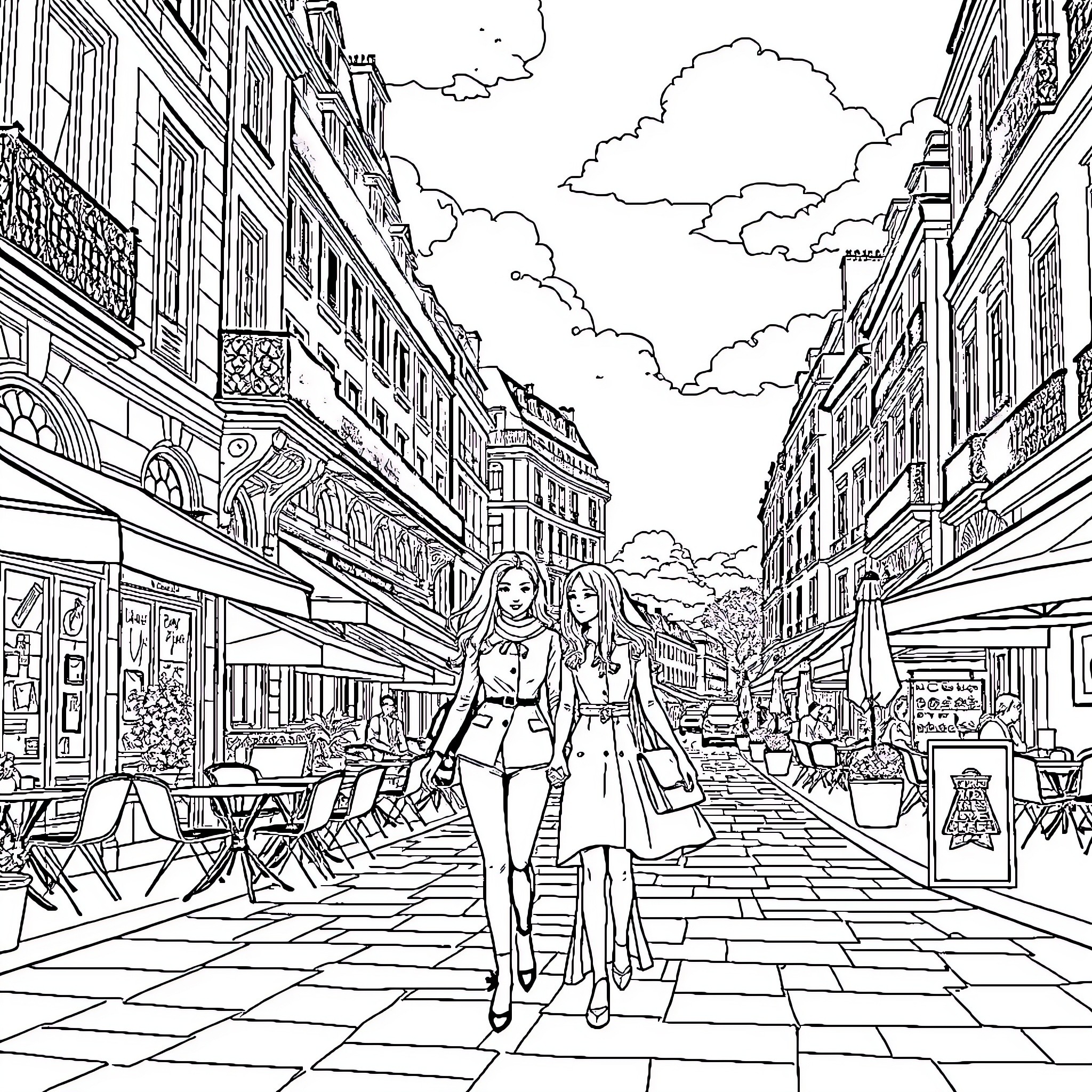 Couple walking together on the city street Coloring Page (free black-and-white line drawing printable PDF for all, from beginners to advanced learners, including children, teens, adults, and seniors)