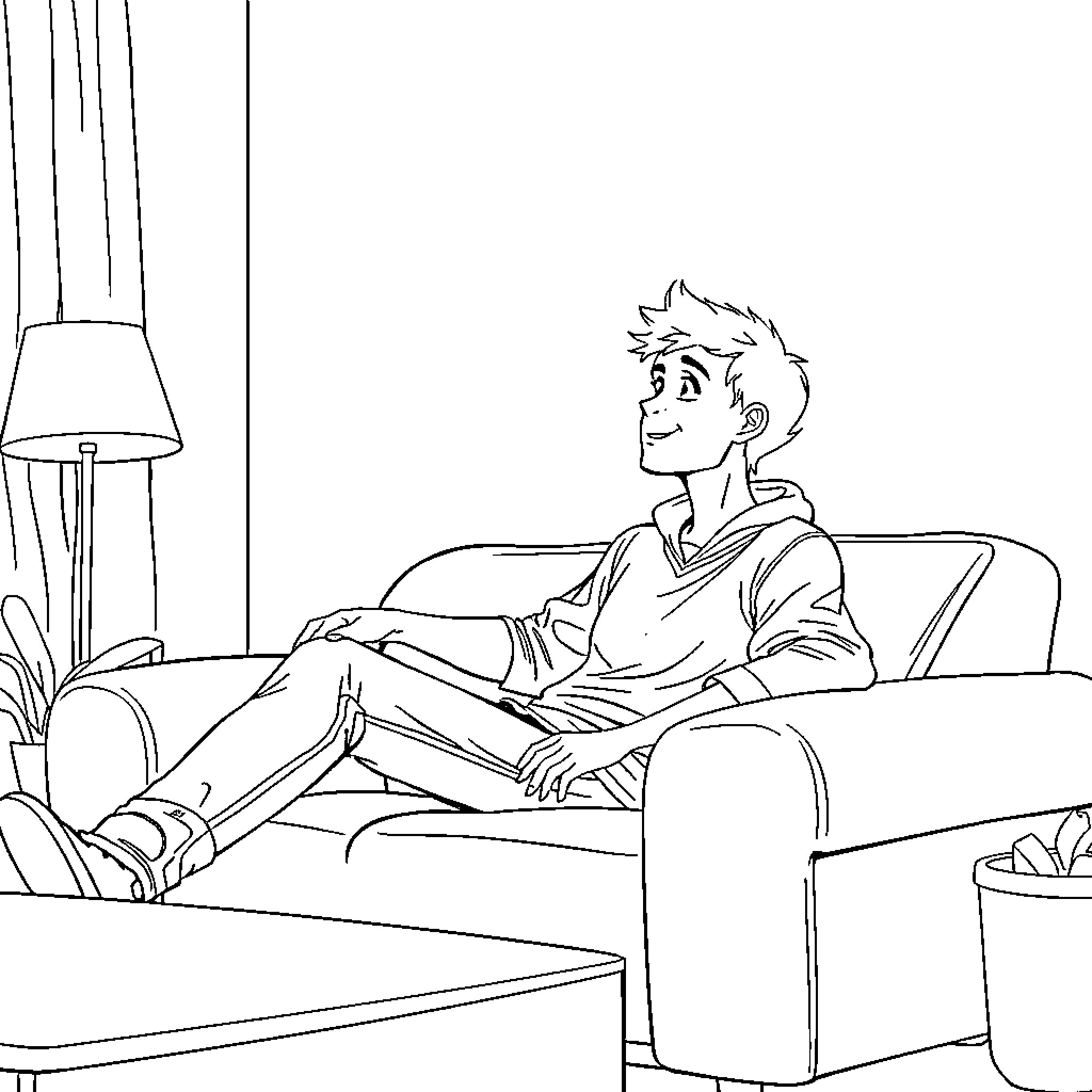 Boy relaxing comfortably on the sofa Coloring Page (free black-and-white line drawing printable PDF for all, from beginners to advanced learners, including children, teens, adults, and seniors)