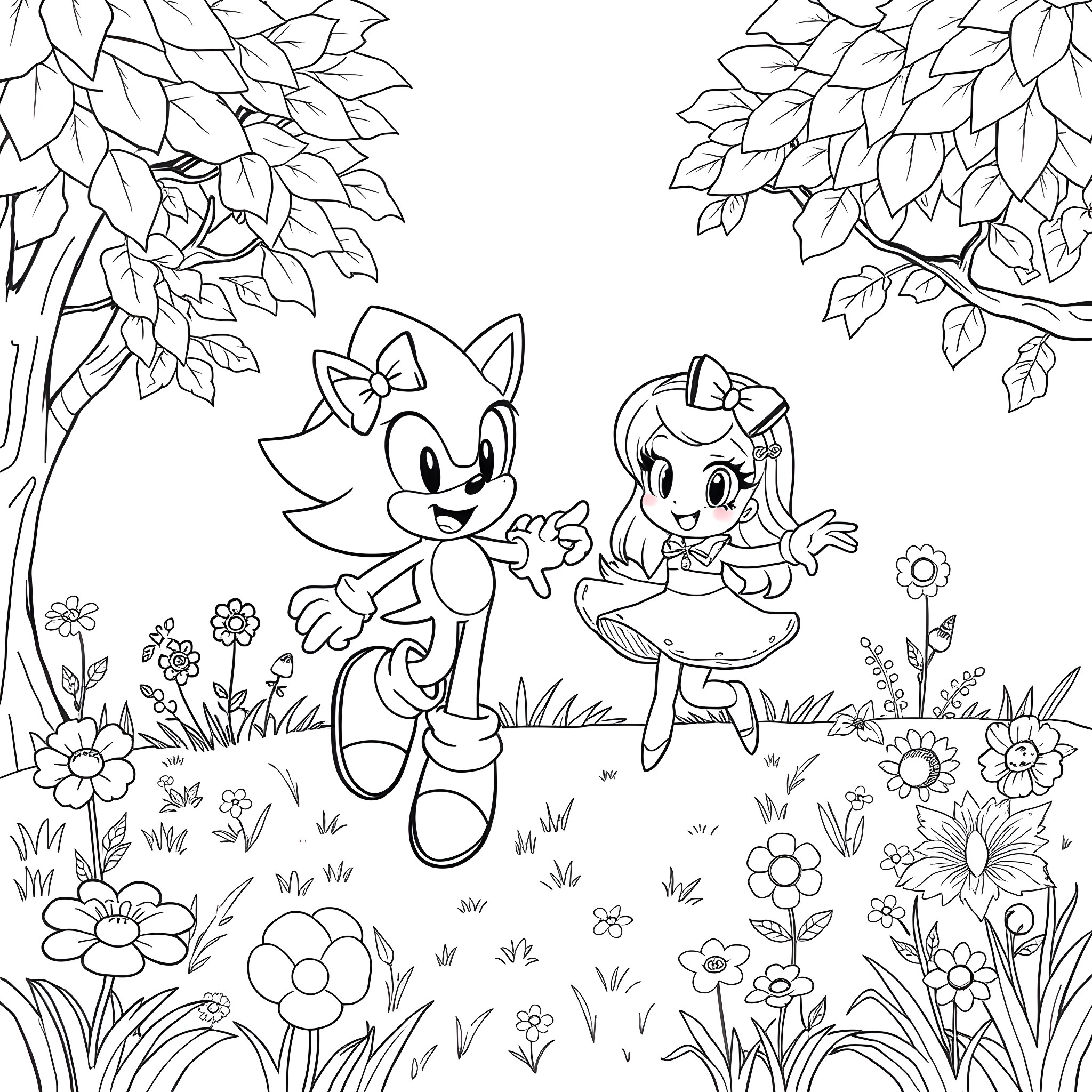Sonic characters exploring nature together Coloring Page (free black-and-white line drawing printable PDF for all, from beginners to advanced learners, including children, teens, adults, and seniors)