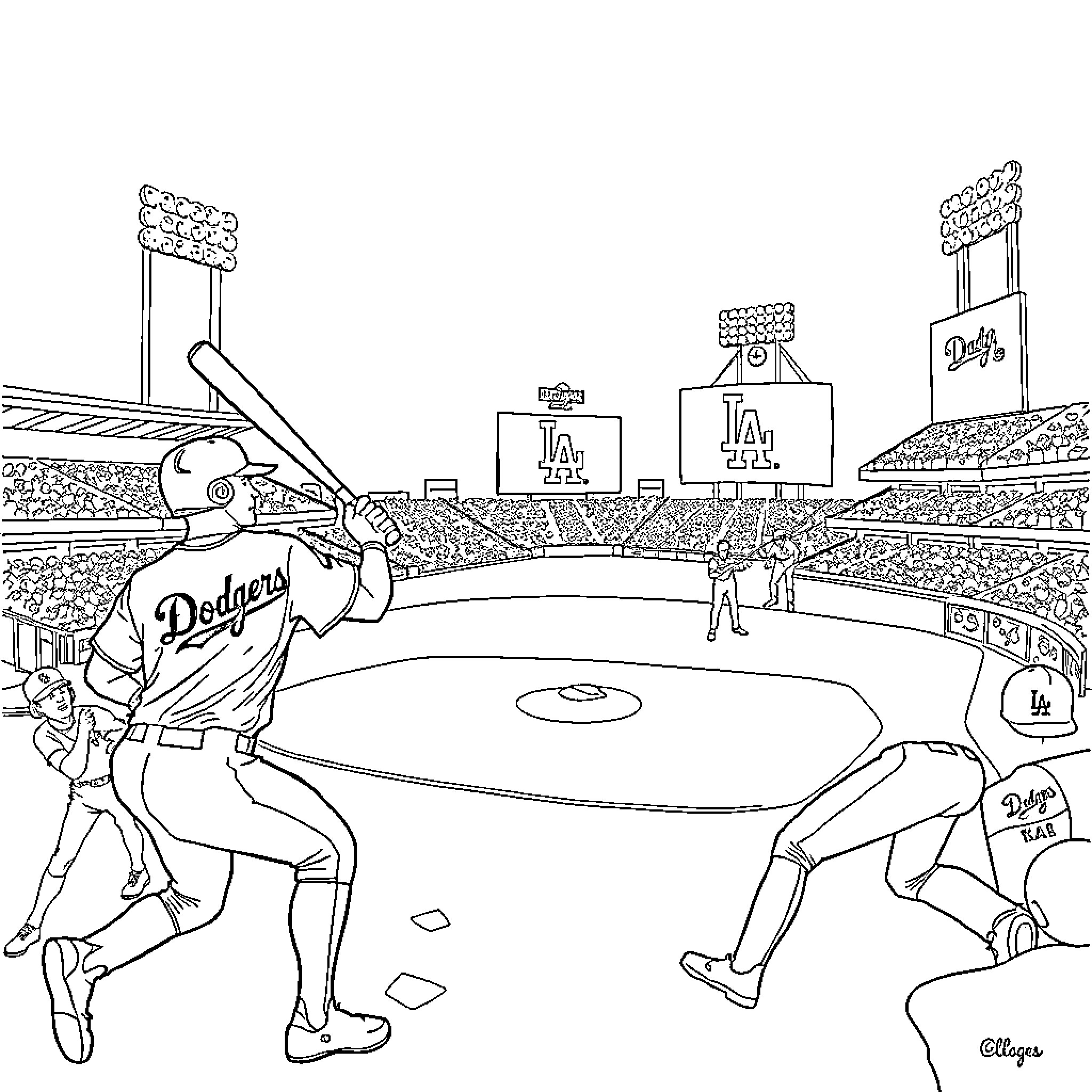 Dodger baseball players in action on the field Coloring Page (free black-and-white line drawing printable PDF for all, from beginners to advanced learners, including children, teens, adults, and seniors)