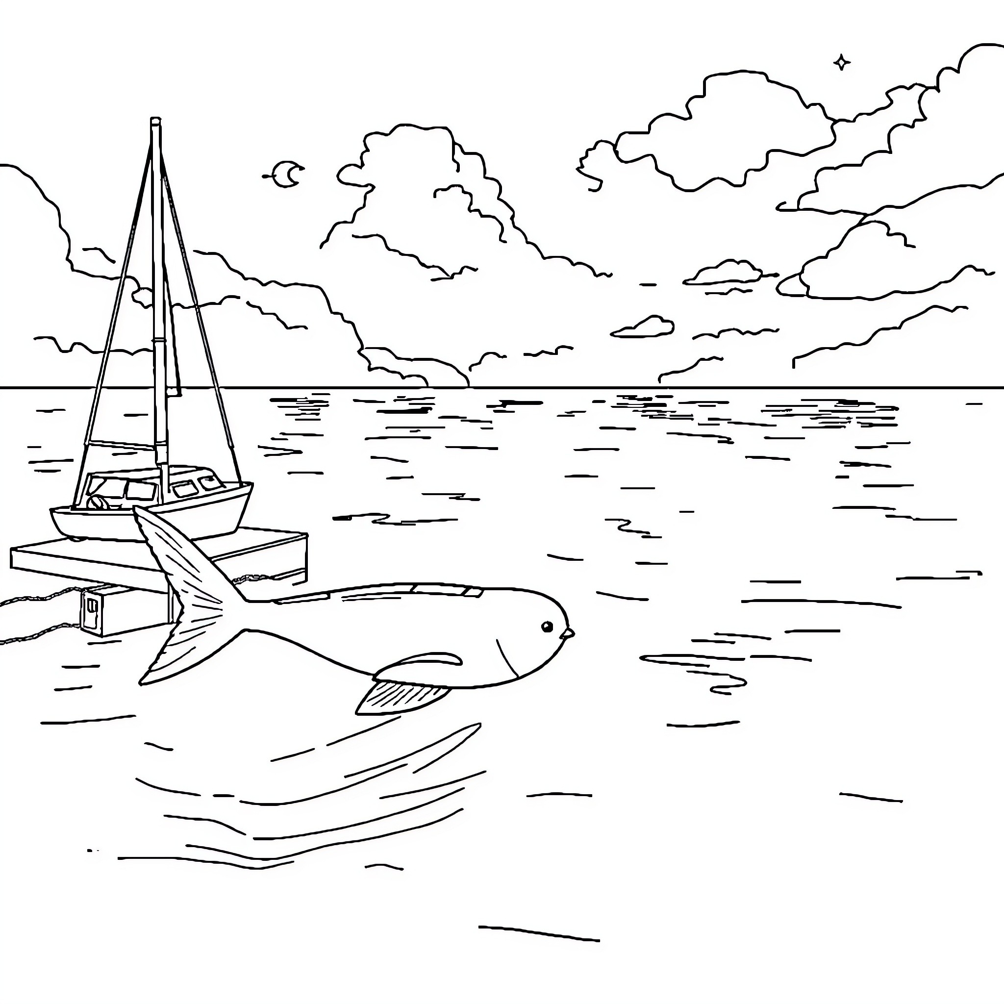 Marina with Sailing Boat and Fish in Scenic Seascape Coloring Page (free black-and-white line drawing printable PDF for all, from beginners to advanced learners, including children, teens, adults, and seniors)