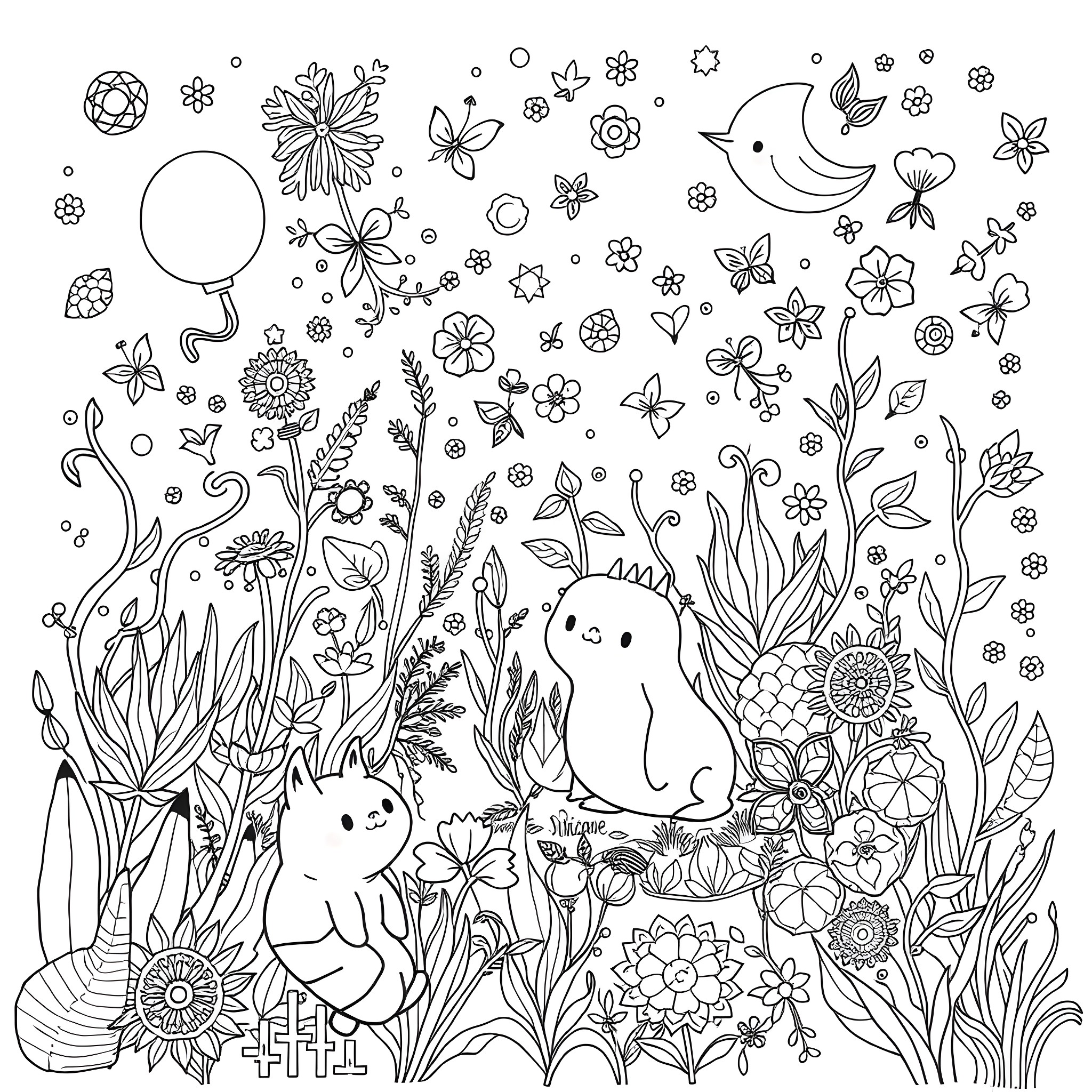 Weed forest with playful creatures Coloring Page (free black-and-white line drawing printable PDF for all, from beginners to advanced learners, including children, teens, adults, and seniors)