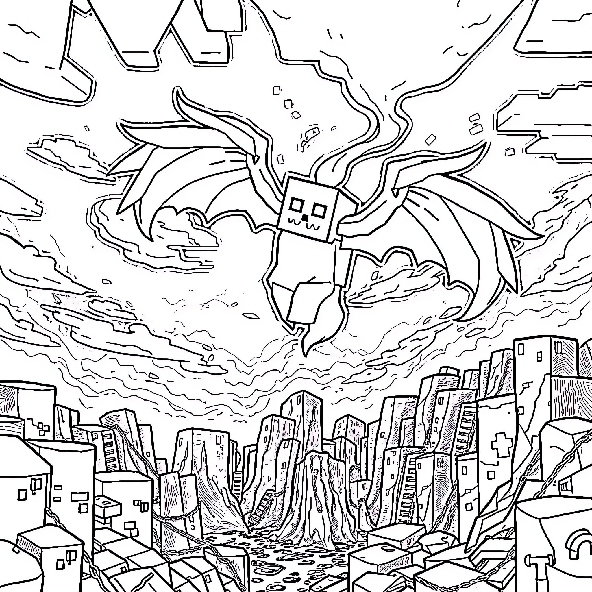 Ghast terrorizing a fantasy city landscape Coloring Page (free black-and-white line drawing printable PDF for all, from beginners to advanced learners, including children, teens, adults, and seniors)