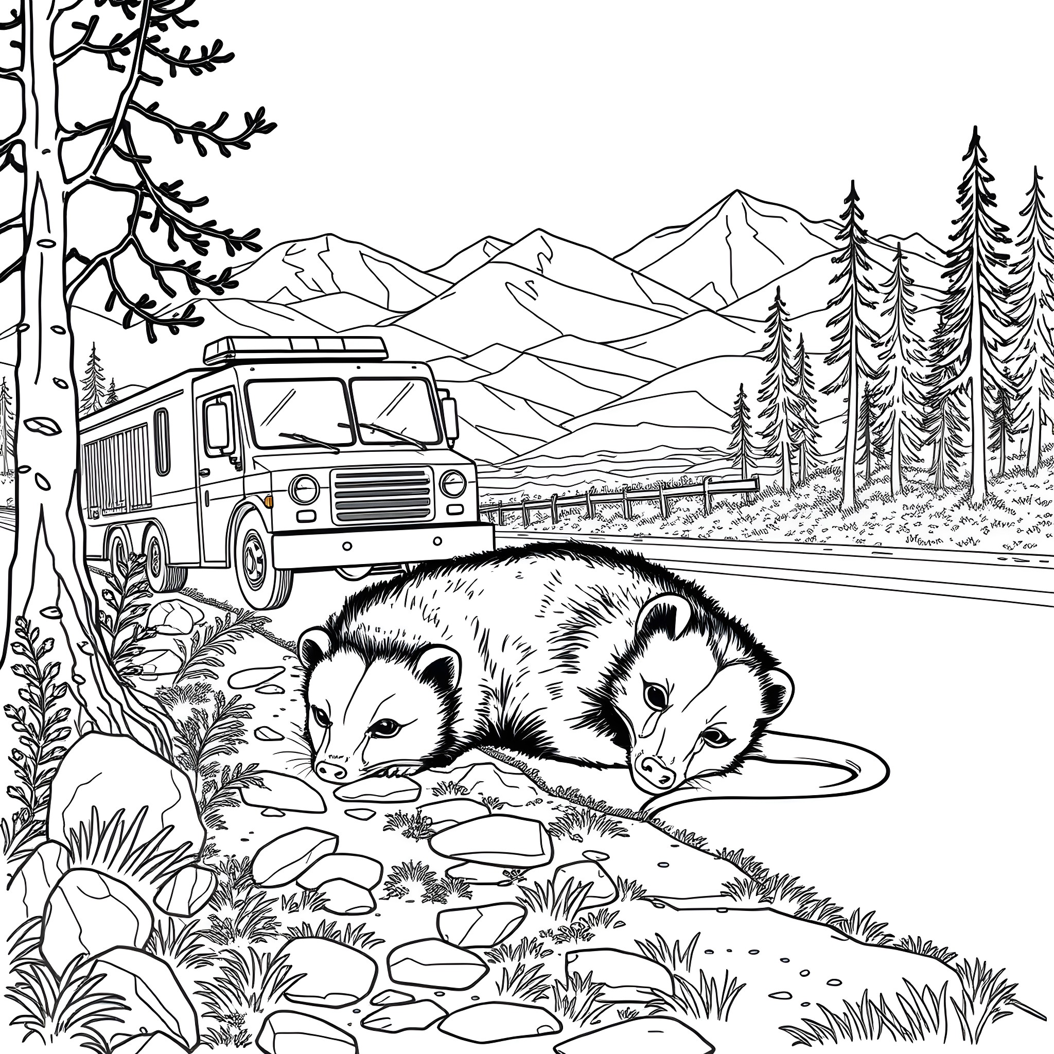 Opossum siblings exploring the mountain landscape Coloring Page (free black-and-white line drawing printable PDF for all, from beginners to advanced learners, including children, teens, adults, and seniors)