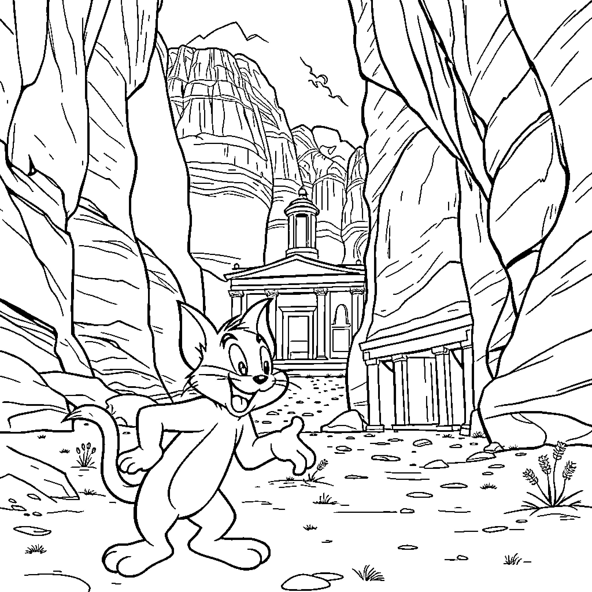 Tom and Jerry in a Mysterious Cartoon Landscape Coloring Page (free black-and-white line drawing printable PDF for all, from beginners to advanced learners, including children, teens, adults, and seniors)