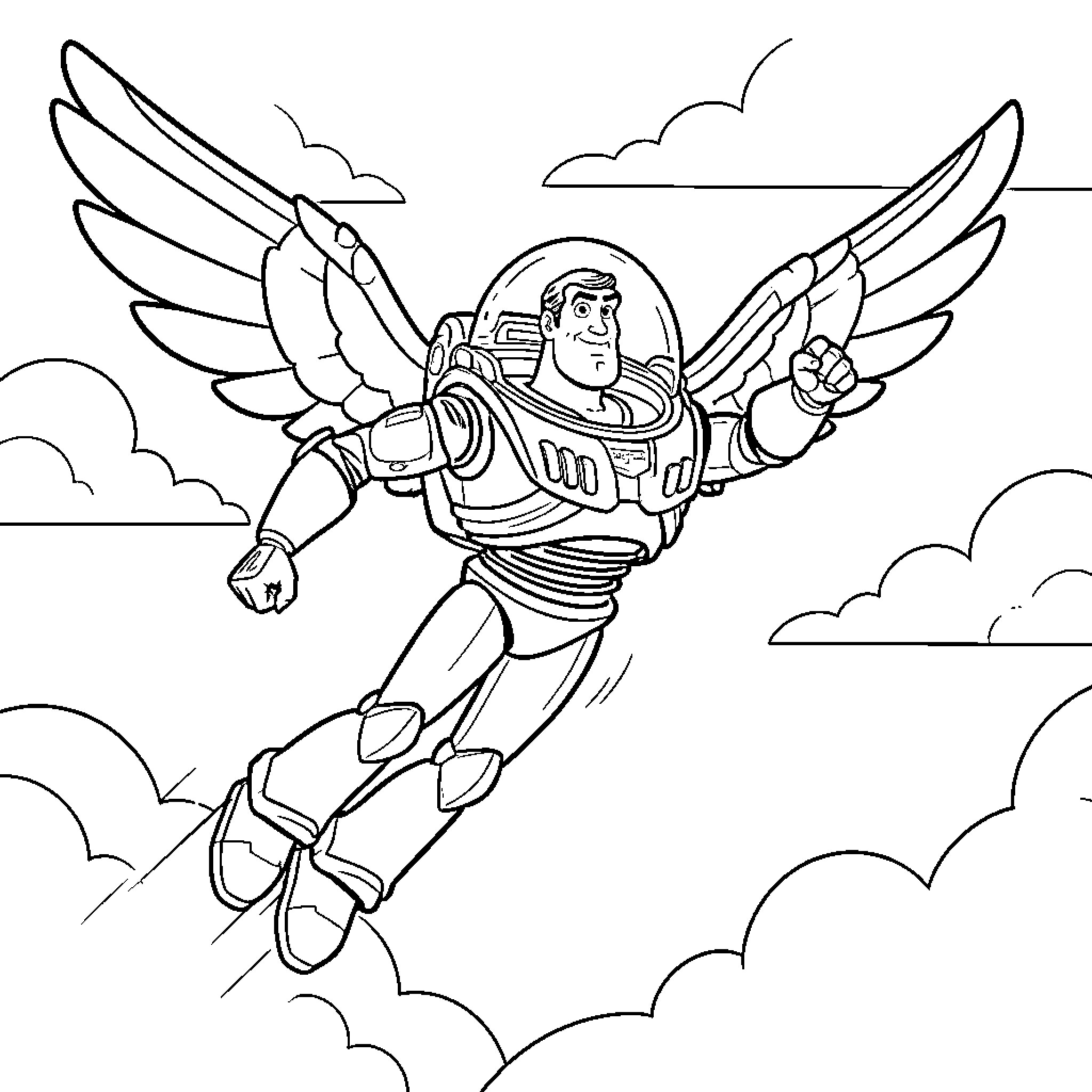 Buzz flying through the cloudy sky Coloring Page (free black-and-white line drawing printable PDF for all, from beginners to advanced learners, including children, teens, adults, and seniors)