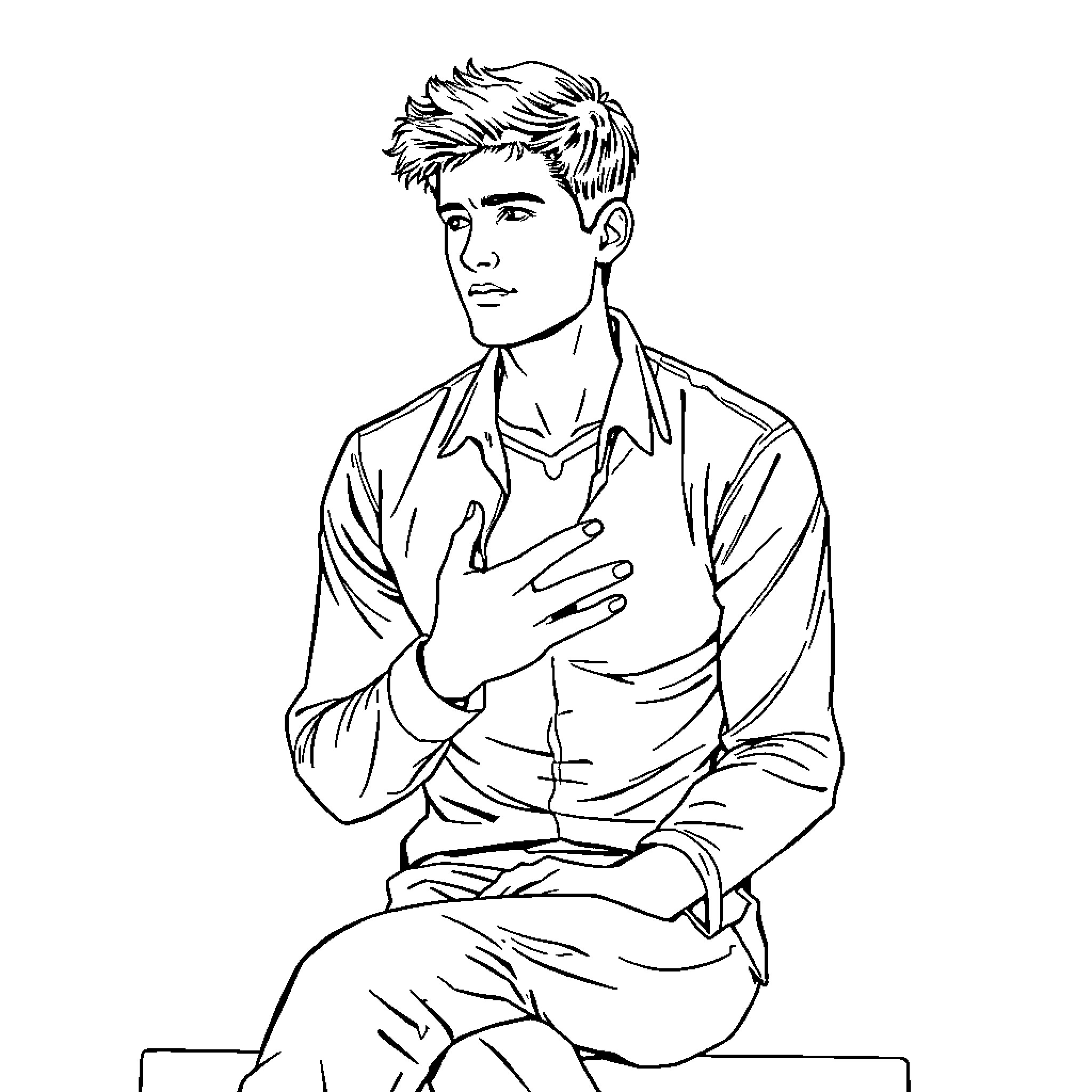 Man sitting with a pensive expression Coloring Page (free black-and-white line drawing printable PDF for all, from beginners to advanced learners, including children, teens, adults, and seniors)