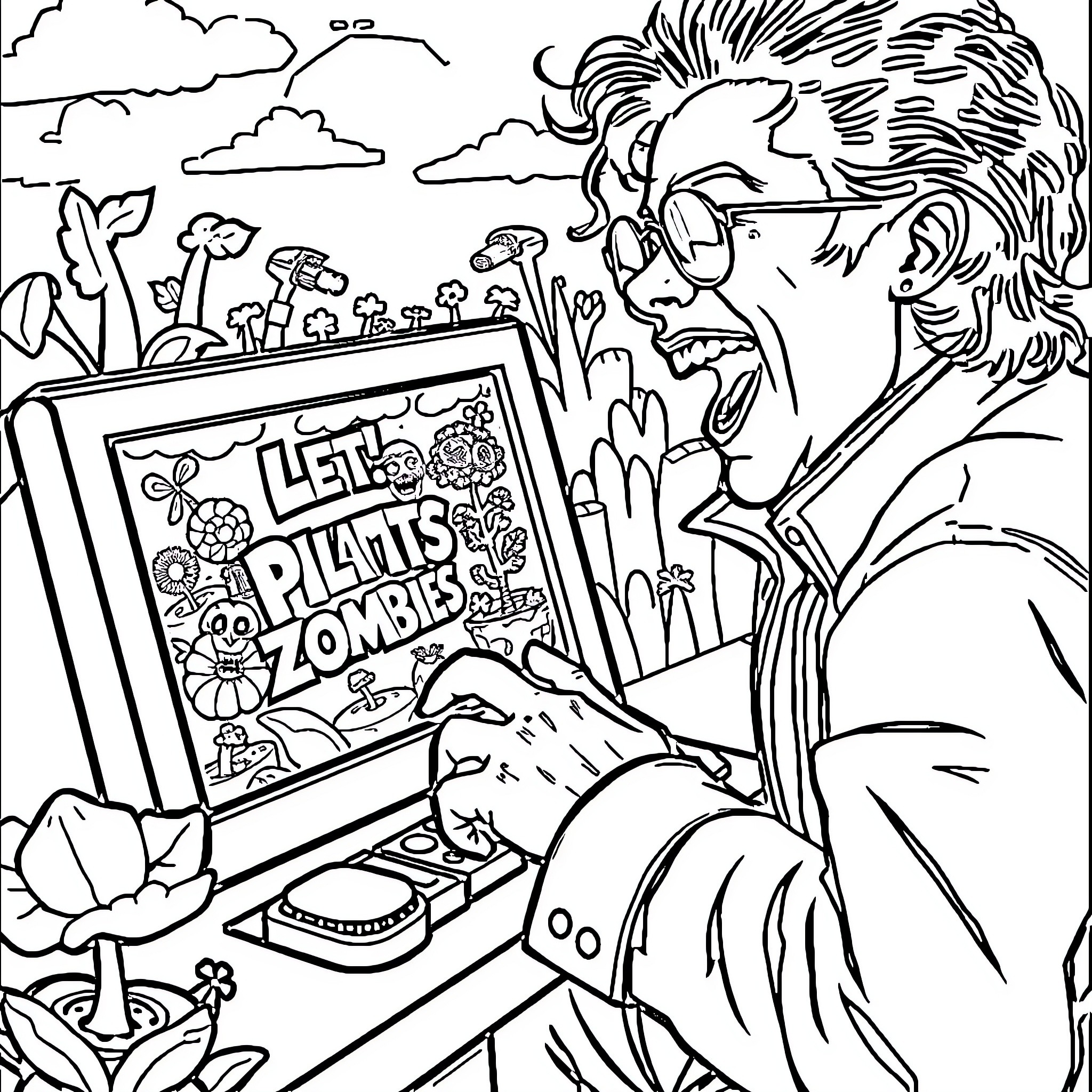 Michael Jackson Drawing Colorful Zombie Plants Illustration Coloring Page (free black-and-white line drawing printable PDF for all, from beginners to advanced learners, including children, teens, adults, and seniors)