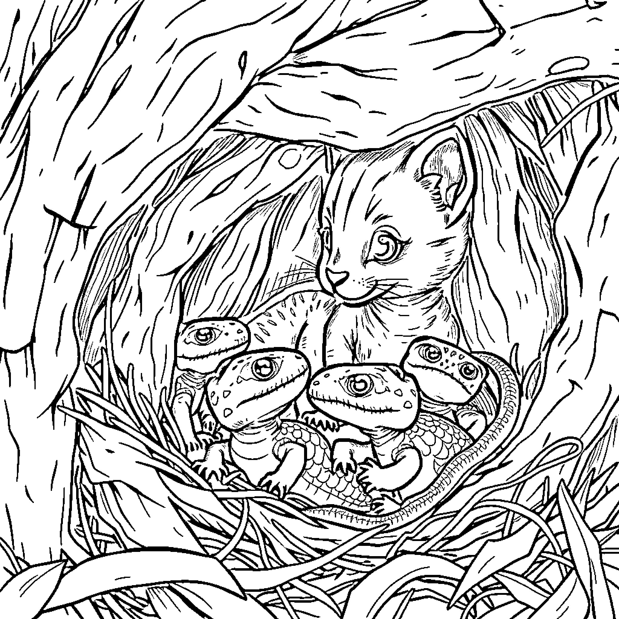 Cat hiding among animals in the jungle Coloring Page (free black-and-white line drawing printable PDF for all, from beginners to advanced learners, including children, teens, adults, and seniors)