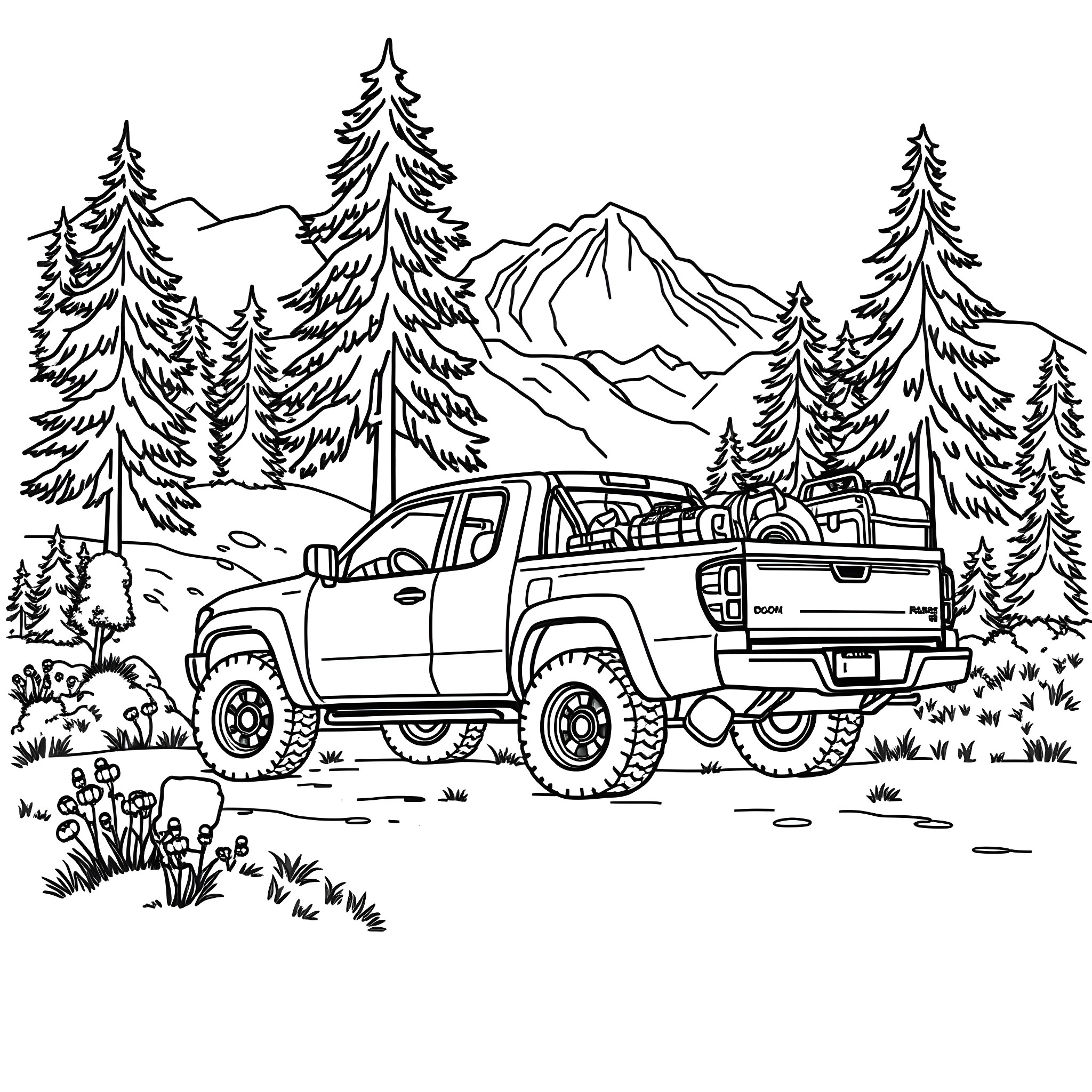Pick Up Truck Traversing Rugged Outdoor Landscape Coloring Page (free black-and-white line drawing printable PDF for all, from beginners to advanced learners, including children, teens, adults, and seniors)
