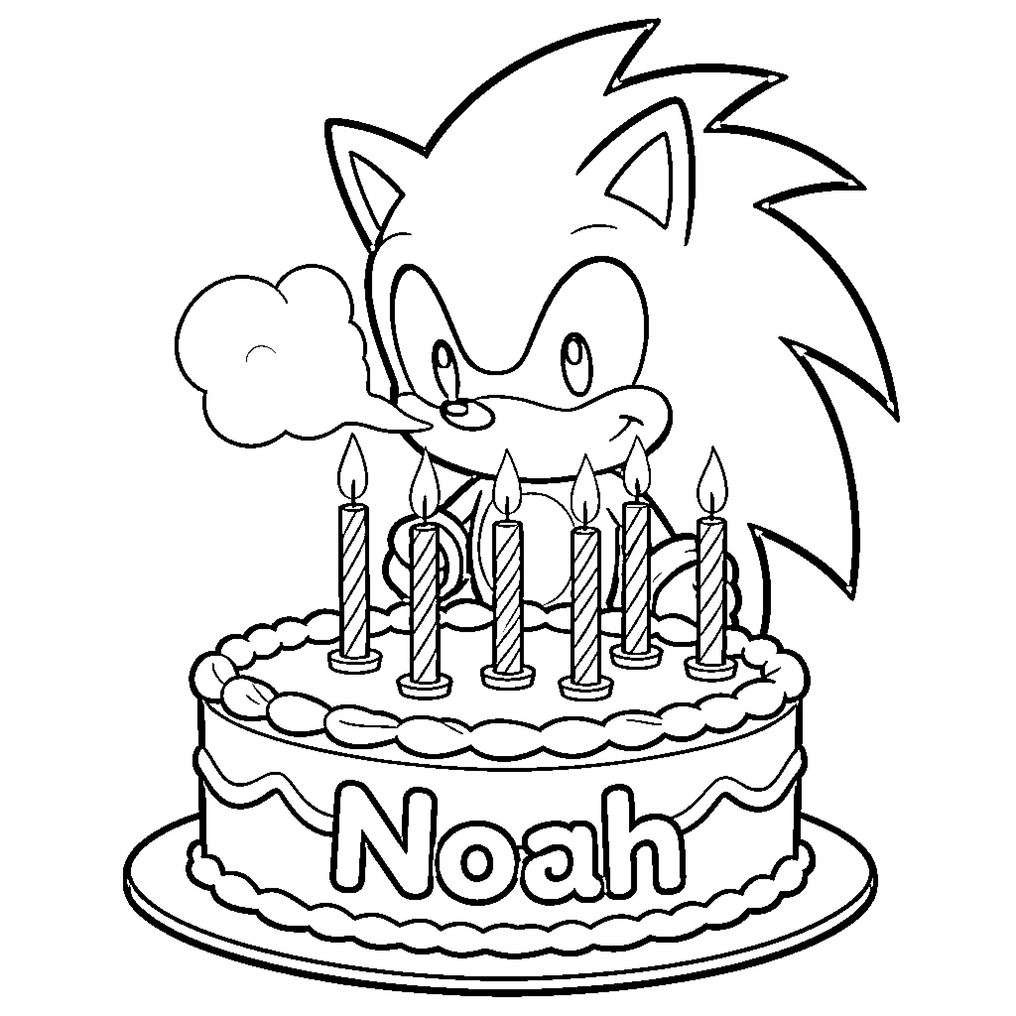 Sonic Celebrating Birthday with Cake and Candles Coloring Page (free black-and-white line drawing printable PDF for all, from beginners to advanced learners, including children, teens, adults, and seniors)