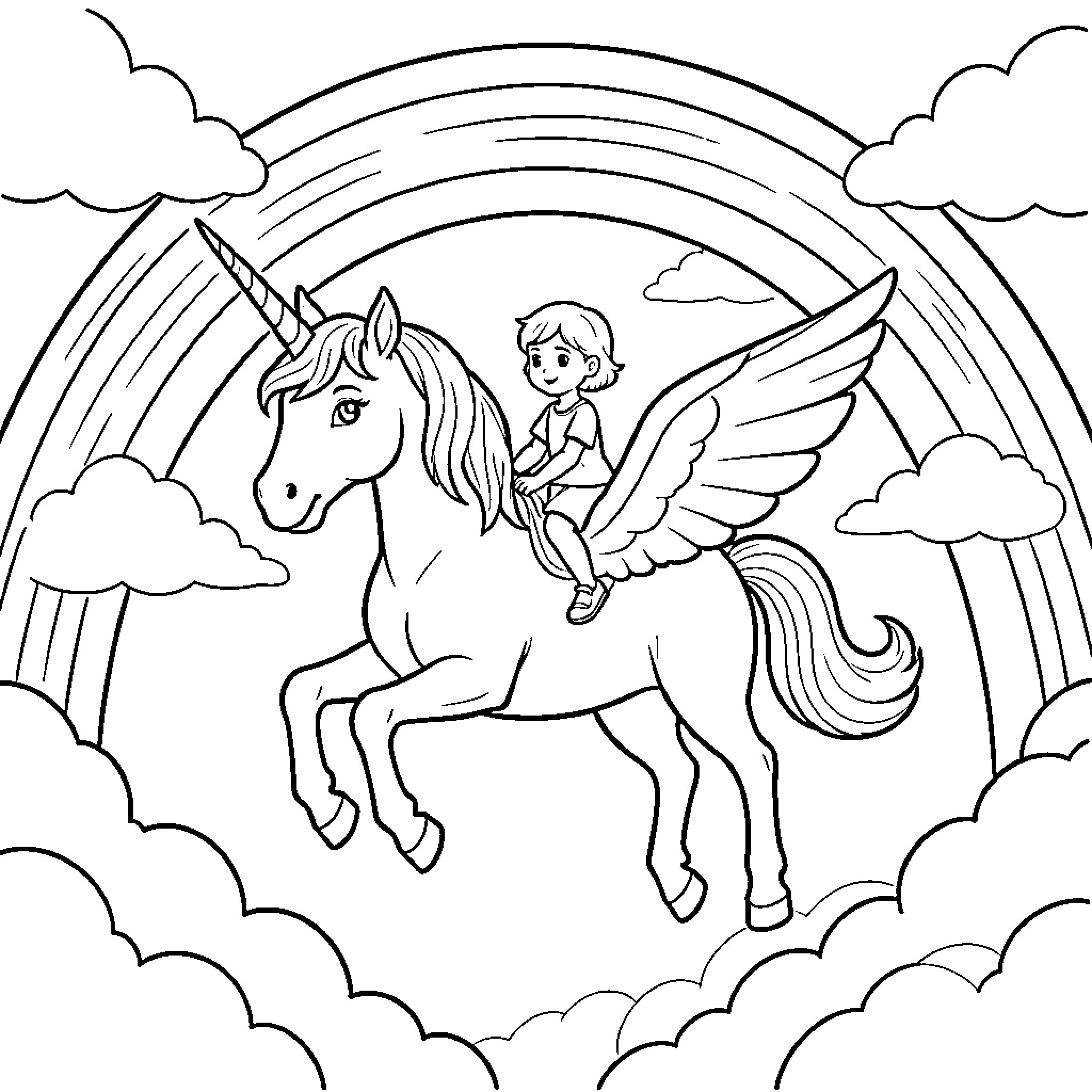 Unicorn flying through clouds with a child rider Coloring Page (free black-and-white line drawing printable PDF for all, from beginners to advanced learners, including children, teens, adults, and seniors)
