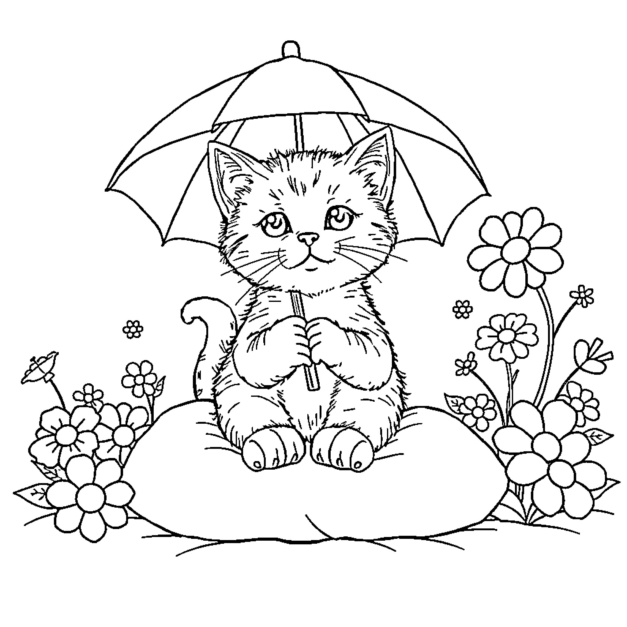Cat sheltering under an umbrella in a floral garden Coloring Page (free black-and-white line drawing printable PDF for all, from beginners to advanced learners, including children, teens, adults, and seniors)