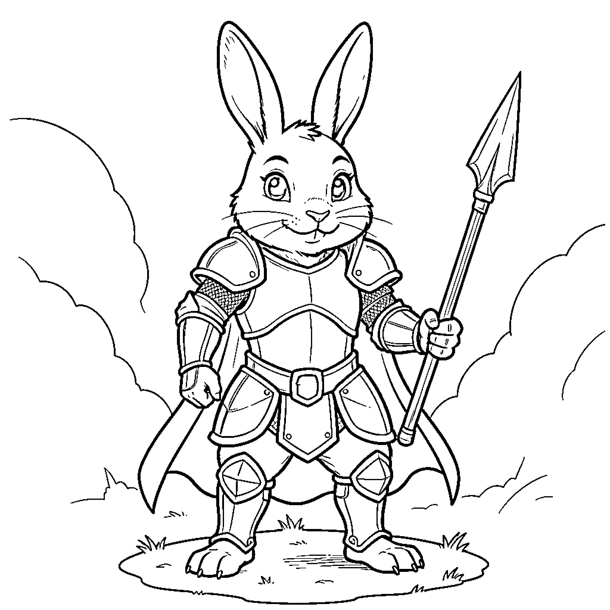 Knight Rabbit wearing armor and holding a spear Coloring Page (free black-and-white line drawing printable PDF for all, from beginners to advanced learners, including children, teens, adults, and seniors)