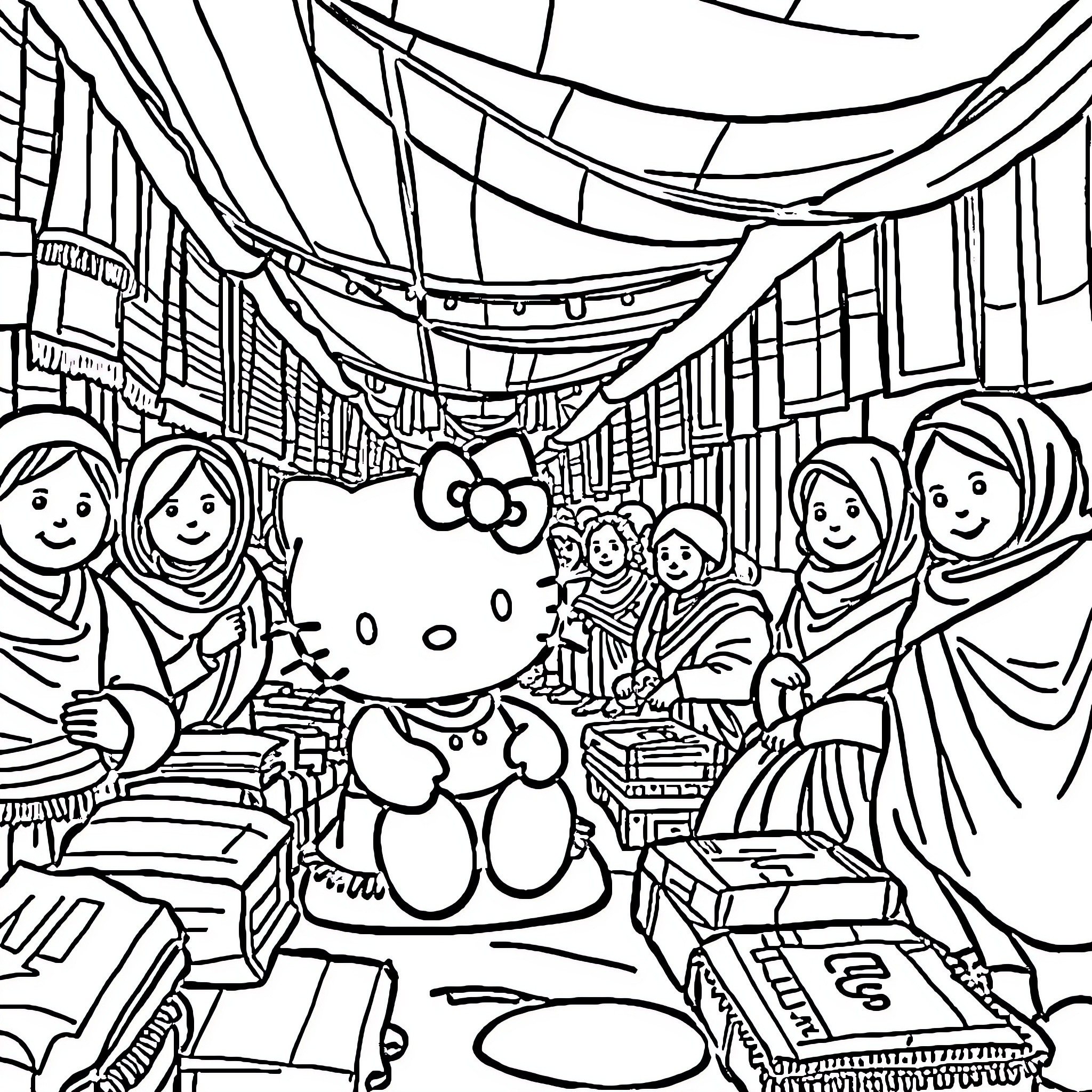Hello Kitty Shopping in a Bustling Marketplace Coloring Page (free black-and-white line drawing printable PDF for all, from beginners to advanced learners, including children, teens, adults, and seniors)