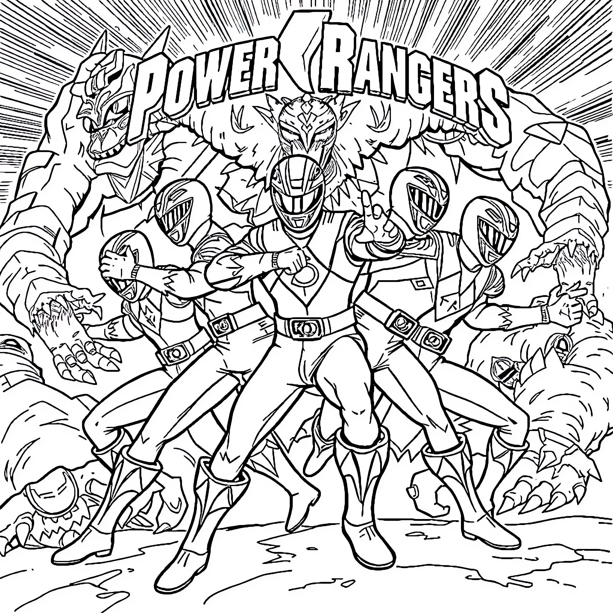 Power Rangers battling with ferocious monsters Coloring Page (free black-and-white line drawing printable PDF for all, from beginners to advanced learners, including children, teens, adults, and seniors)