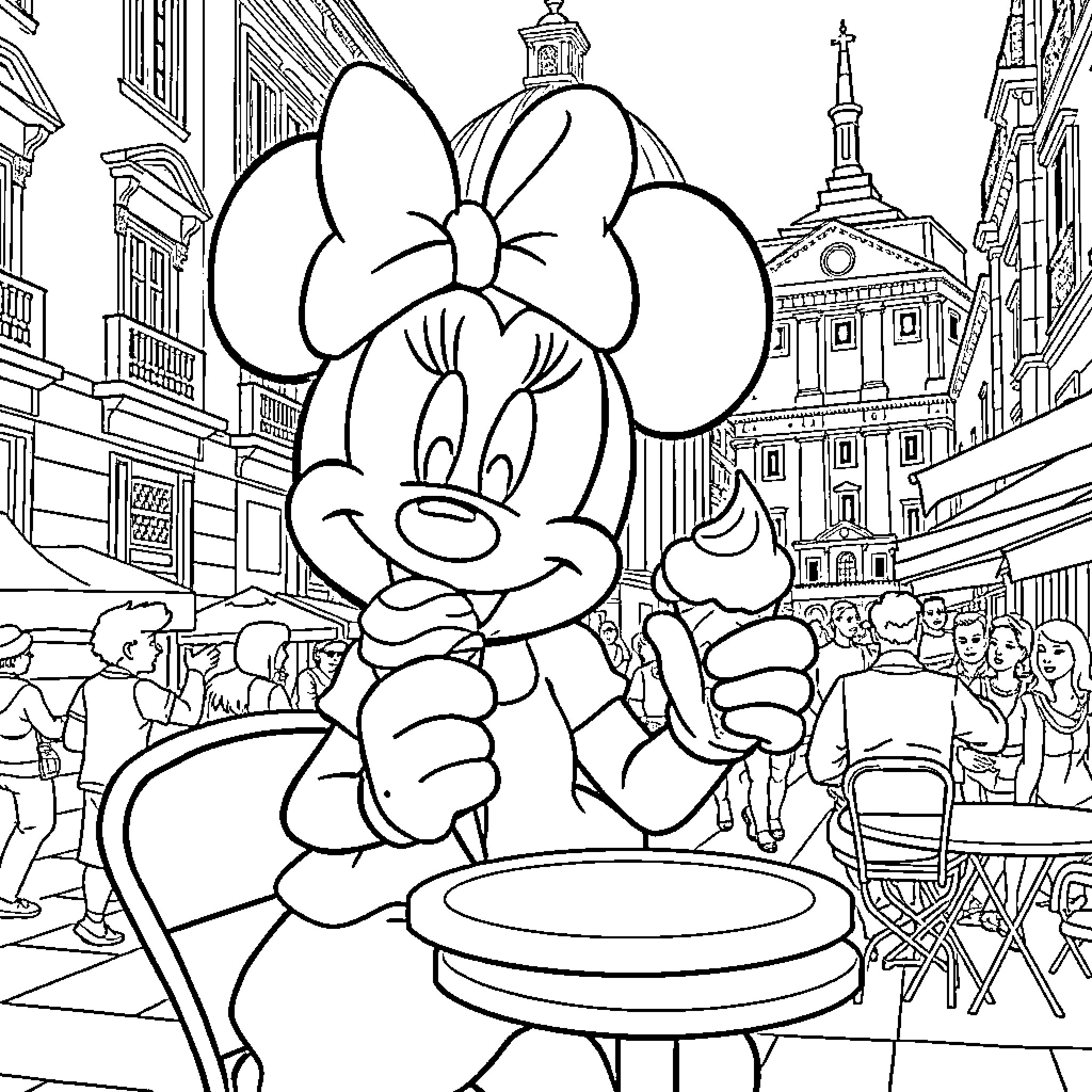 Minnie Mouse enjoying a coffee in a European city Coloring Page (free black-and-white line drawing printable PDF for all, from beginners to advanced learners, including children, teens, adults, and seniors)