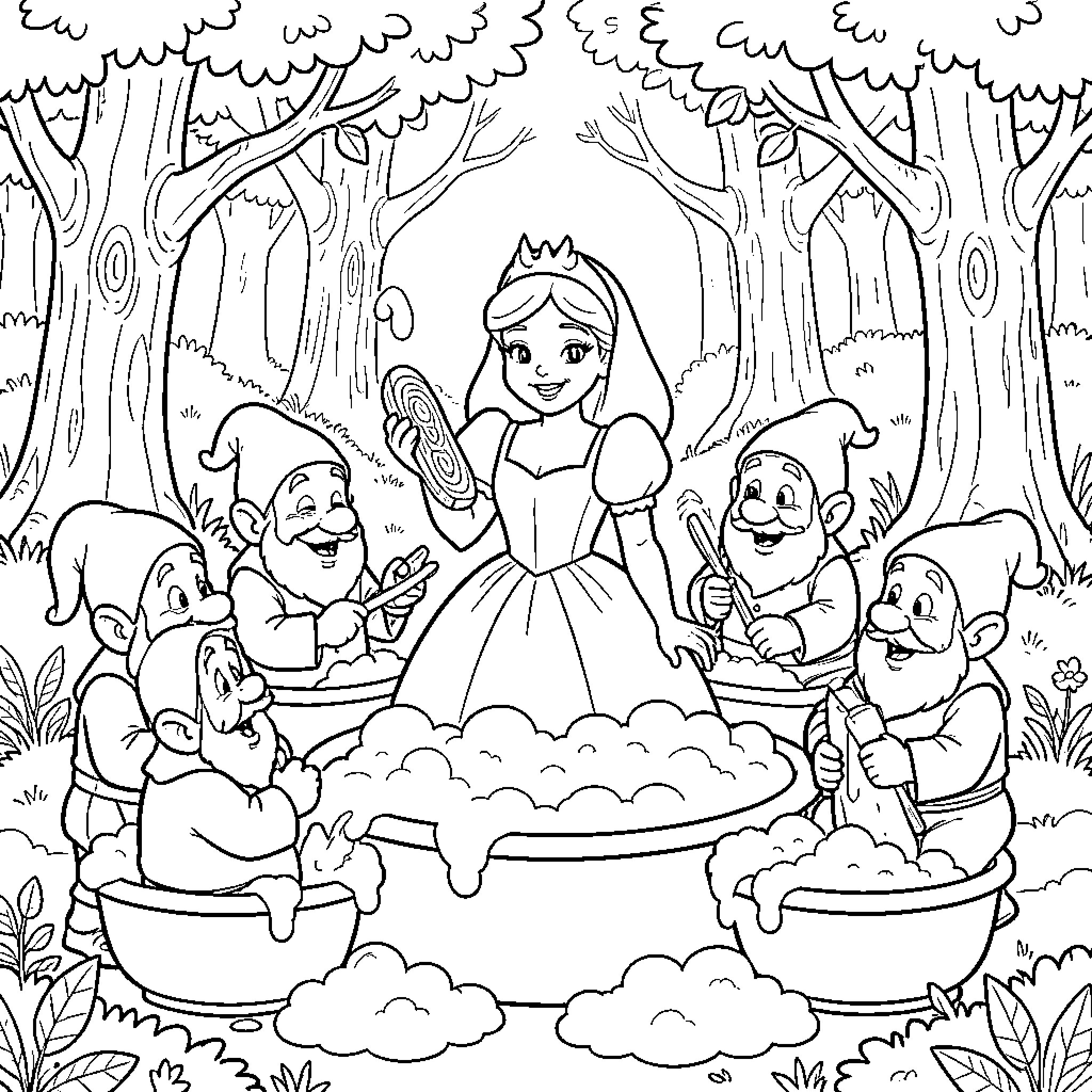 Snow White baking delicious treats with the seven dwarfs Coloring Page (free black-and-white line drawing printable PDF for all, from beginners to advanced learners, including children, teens, adults, and seniors)