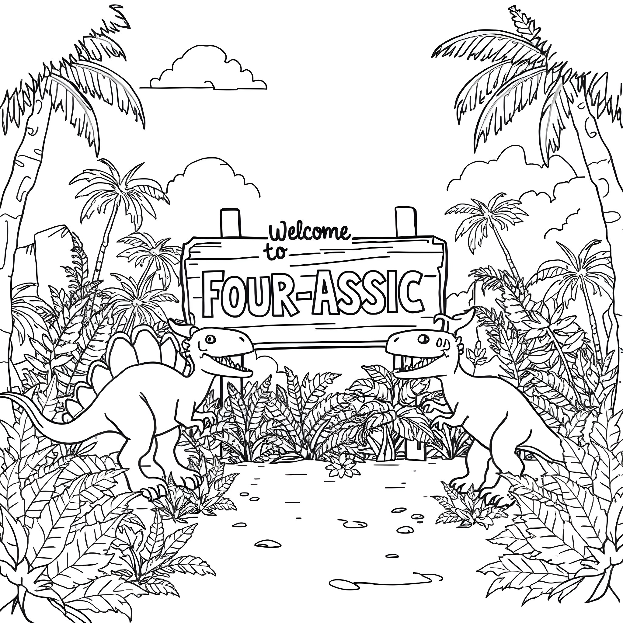 Dinosaurs welcome visitors to Four-assic Coloring Page (free black-and-white line drawing printable PDF for all, from beginners to advanced learners, including children, teens, adults, and seniors)