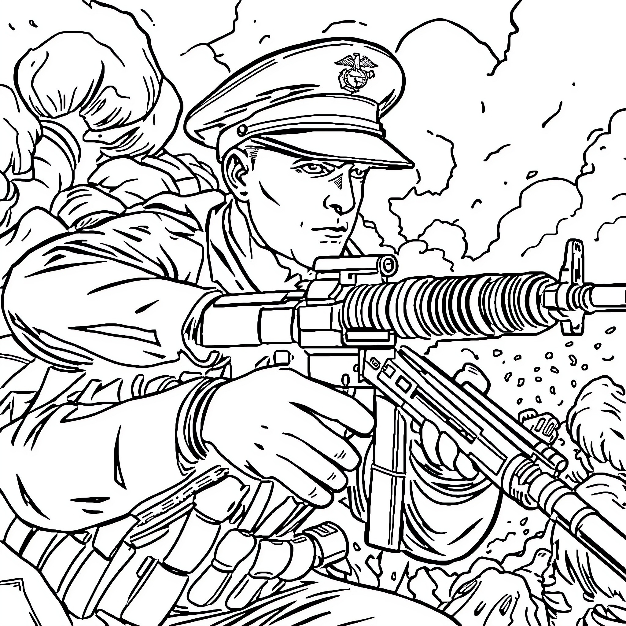 Marine soldier in combat gear aiming rifle Coloring Page (free black-and-white line drawing printable PDF for all, from beginners to advanced learners, including children, teens, adults, and seniors)
