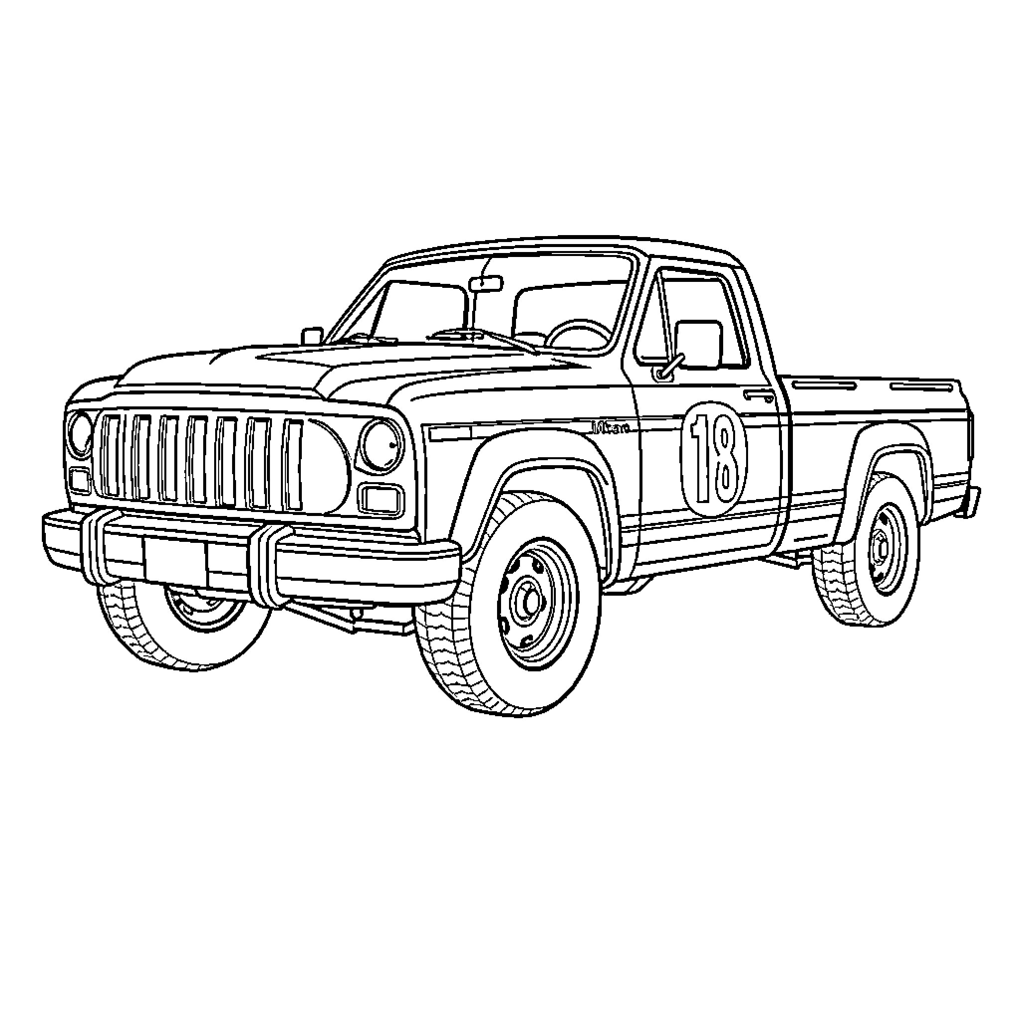 Pickup truck racing against the clock Coloring Page (free black-and-white line drawing printable PDF for all, from beginners to advanced learners, including children, teens, adults, and seniors)
