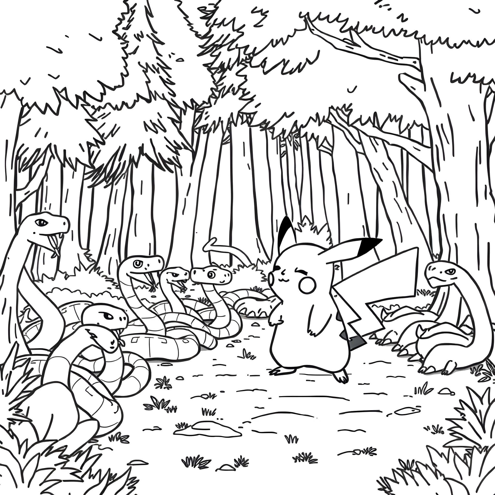 Pikachu playing with a group of Pokemon in the forest Coloring Page (free black-and-white line drawing printable PDF for all, from beginners to advanced learners, including children, teens, adults, and seniors)