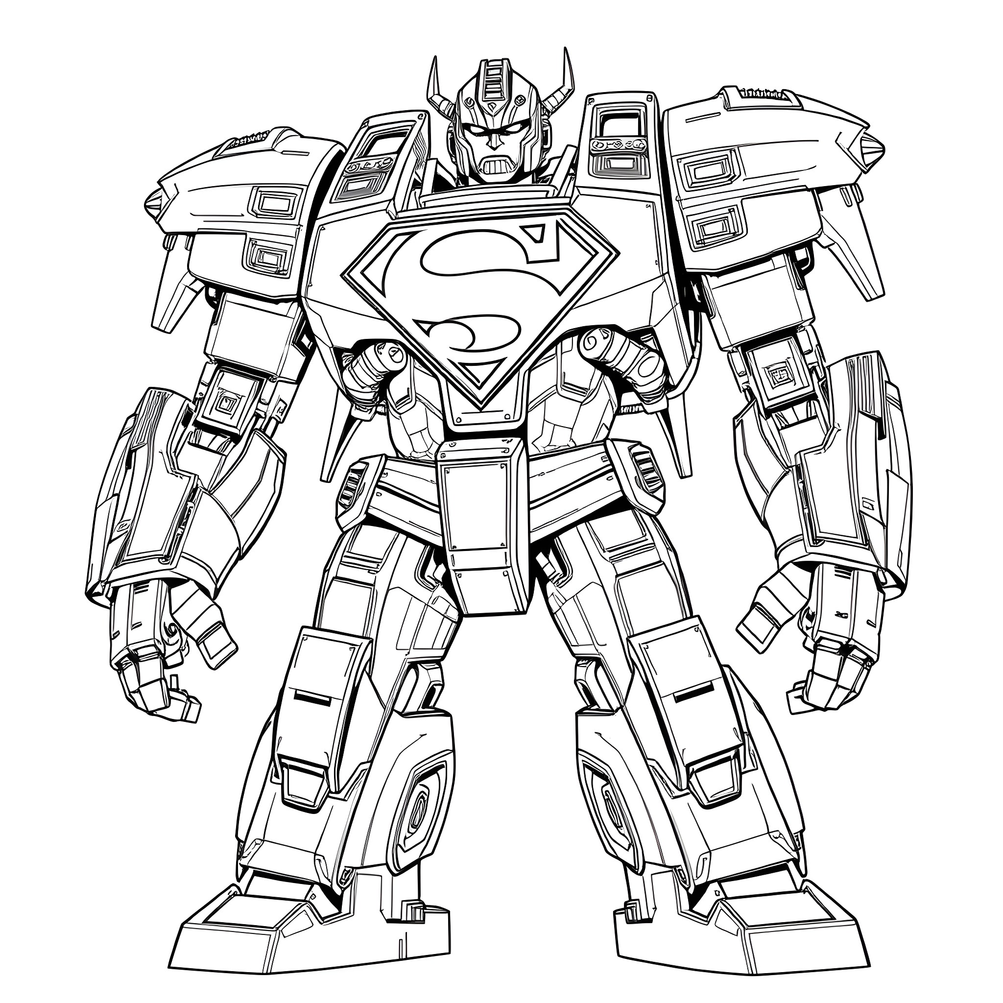 Justice Buster: Heroic Mech Transformation Coloring Page (free black-and-white line drawing printable PDF for all, from beginners to advanced learners, including children, teens, adults, and seniors)
