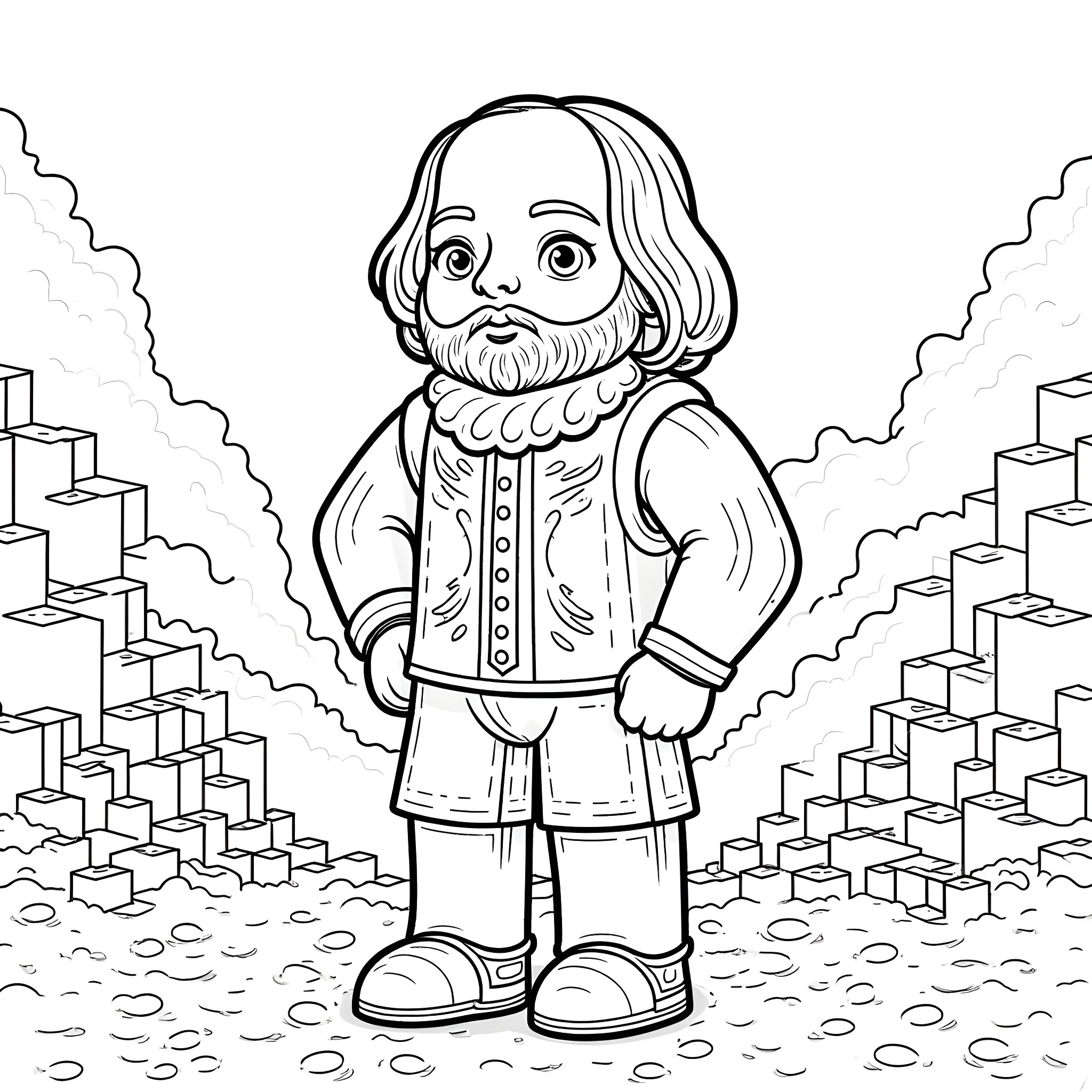 Shakespeare's Contemplative Pose in Artistic Rendition Coloring Page (free black-and-white line drawing printable PDF for all, from beginners to advanced learners, including children, teens, adults, and seniors)