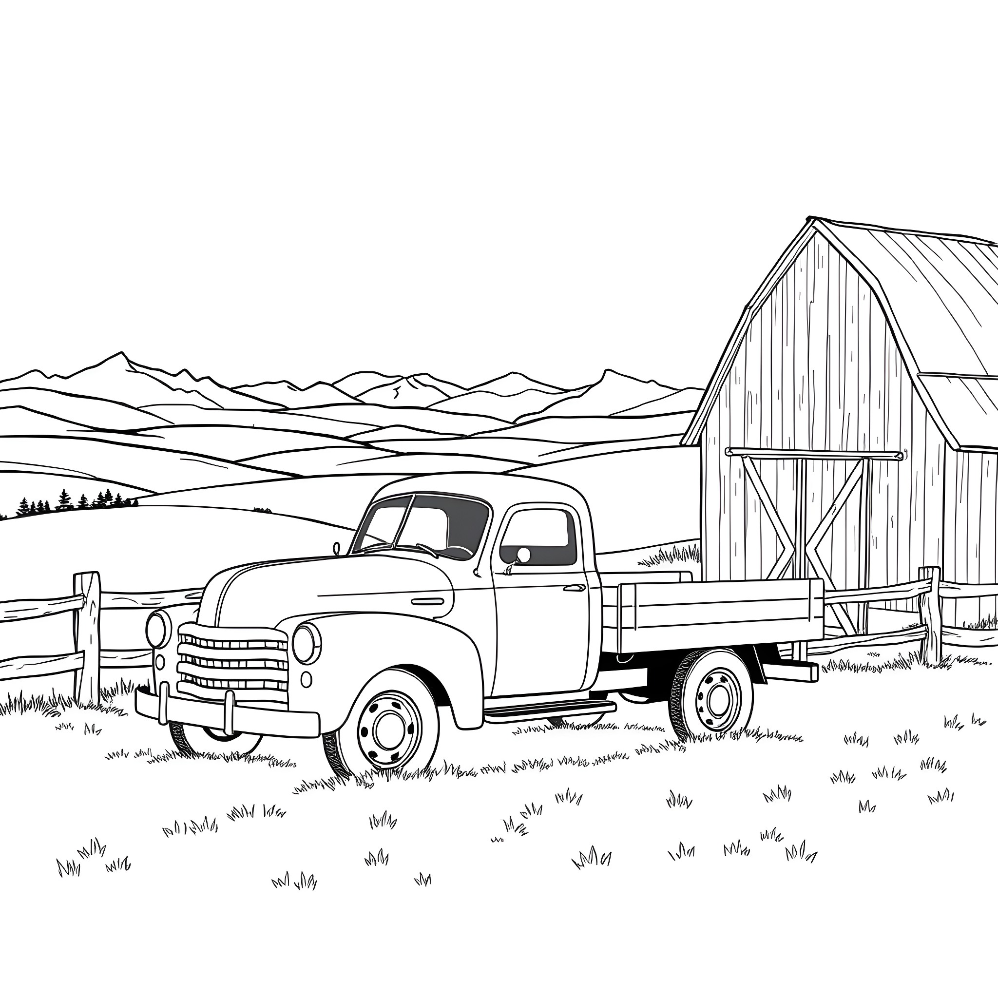 Flatbed truck parked near a rustic barn in the countryside Coloring Page (free black-and-white line drawing printable PDF for all, from beginners to advanced learners, including children, teens, adults, and seniors)