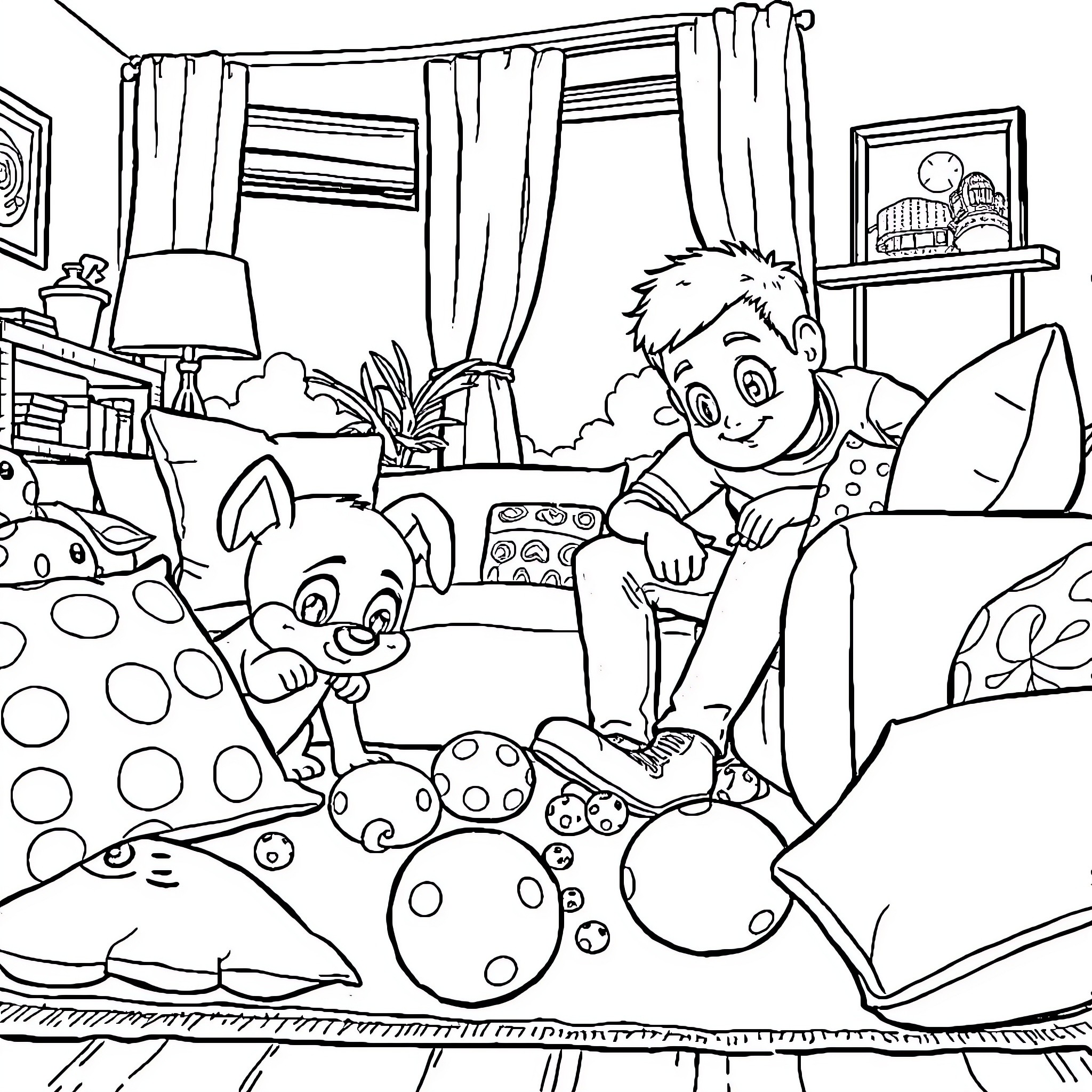Bluey and Friends Explore the Living Room Coloring Page (free black-and-white line drawing printable PDF for all, from beginners to advanced learners, including children, teens, adults, and seniors)