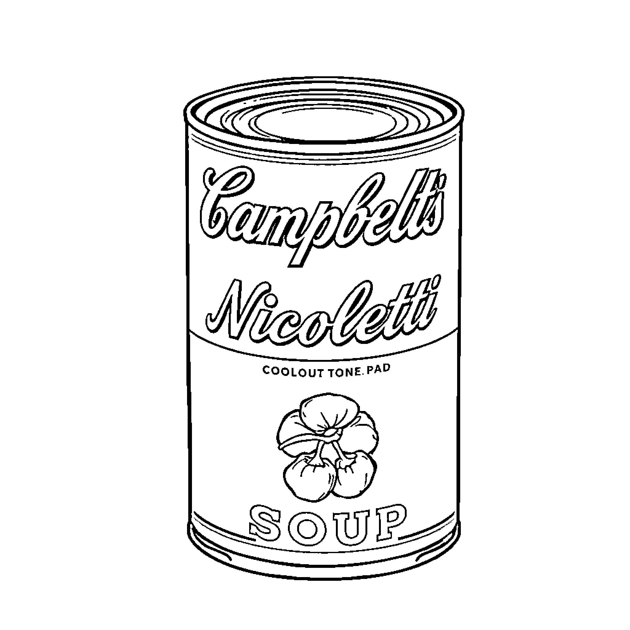 Soup Can with Nicoletti Coolout Tone Pad Coloring Page (free black-and-white line drawing printable PDF for all, from beginners to advanced learners, including children, teens, adults, and seniors)