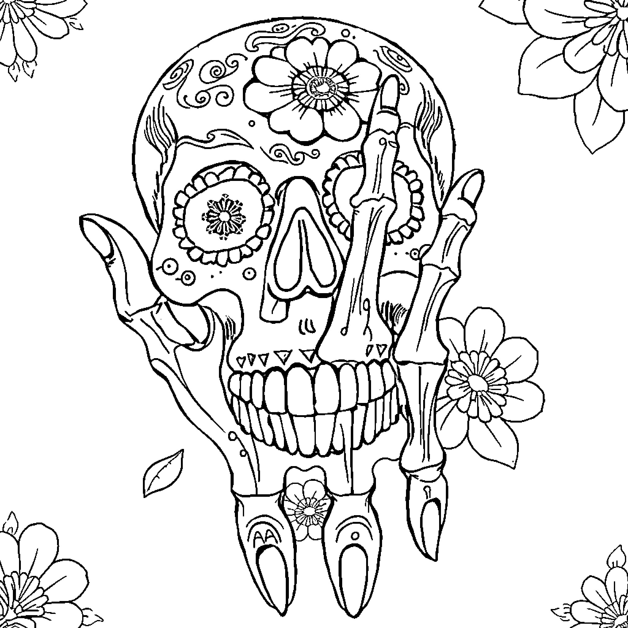 Calavera with Intricate Floral Designs Coloring Page (free black-and-white line drawing printable PDF for all, from beginners to advanced learners, including children, teens, adults, and seniors)
