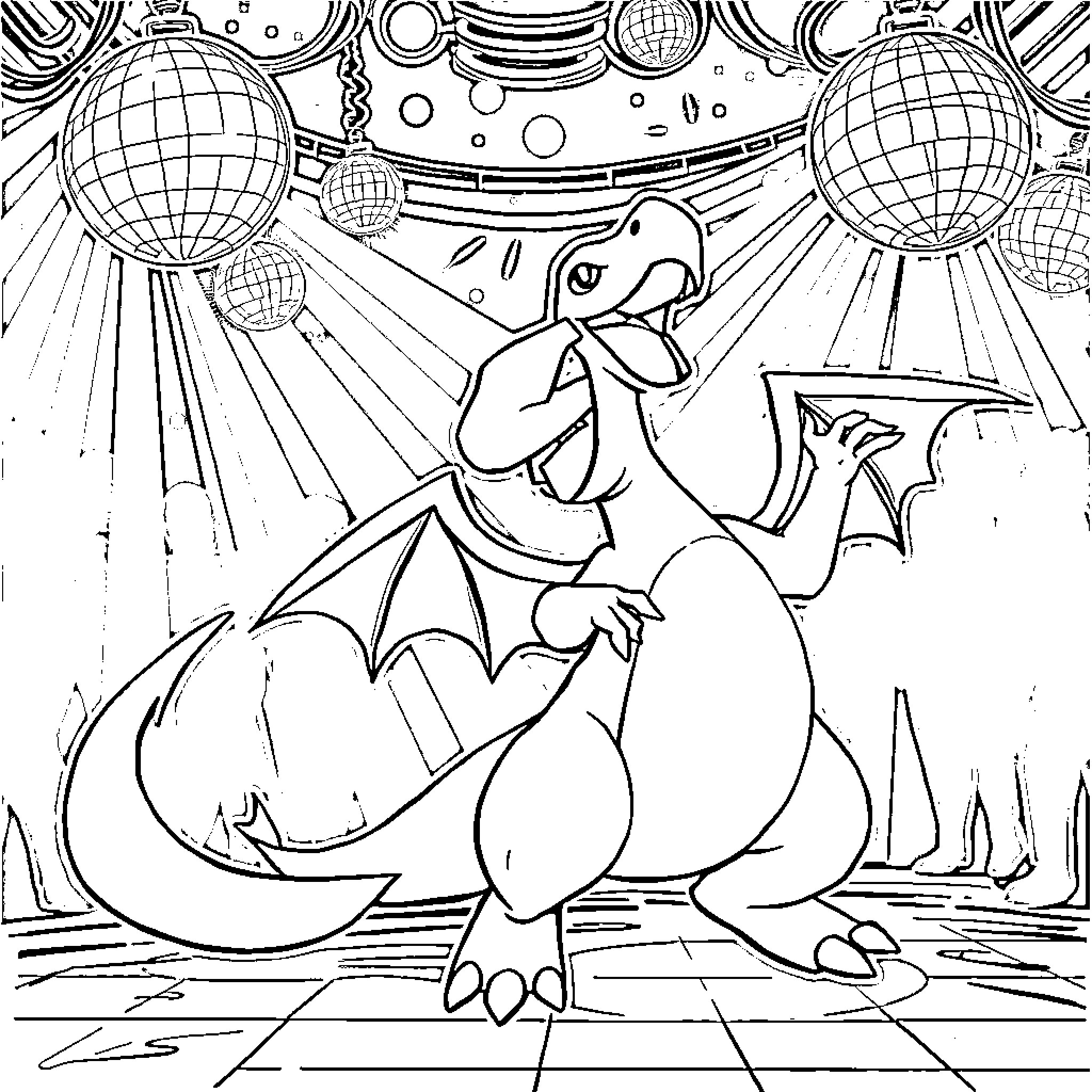 Charizard dancing in a disco-themed environment Coloring Page (free black-and-white line drawing printable PDF for all, from beginners to advanced learners, including children, teens, adults, and seniors)