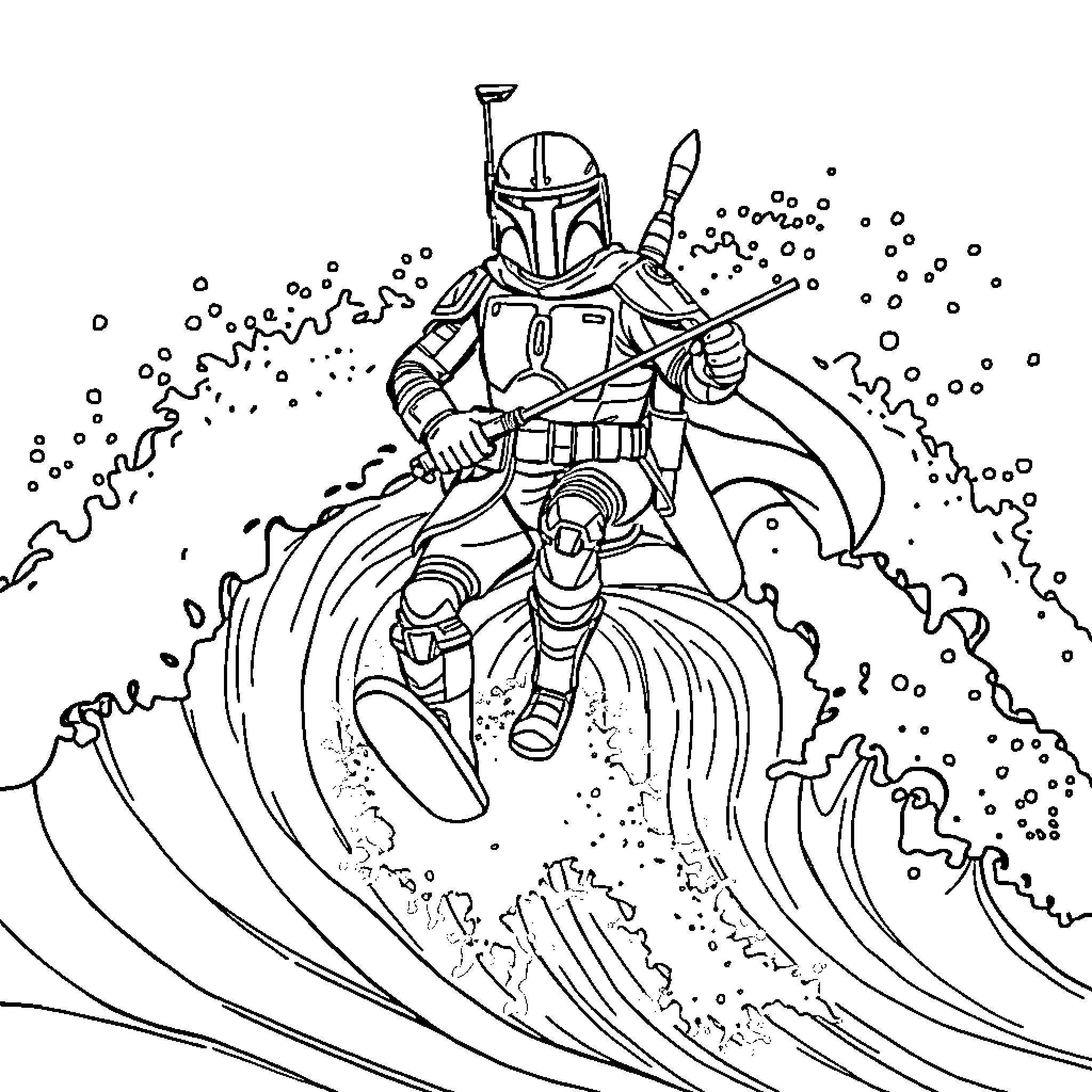 Boba Fett Surfing the Galactic Waves Coloring Page (free black-and-white line drawing printable PDF for all, from beginners to advanced learners, including children, teens, adults, and seniors)