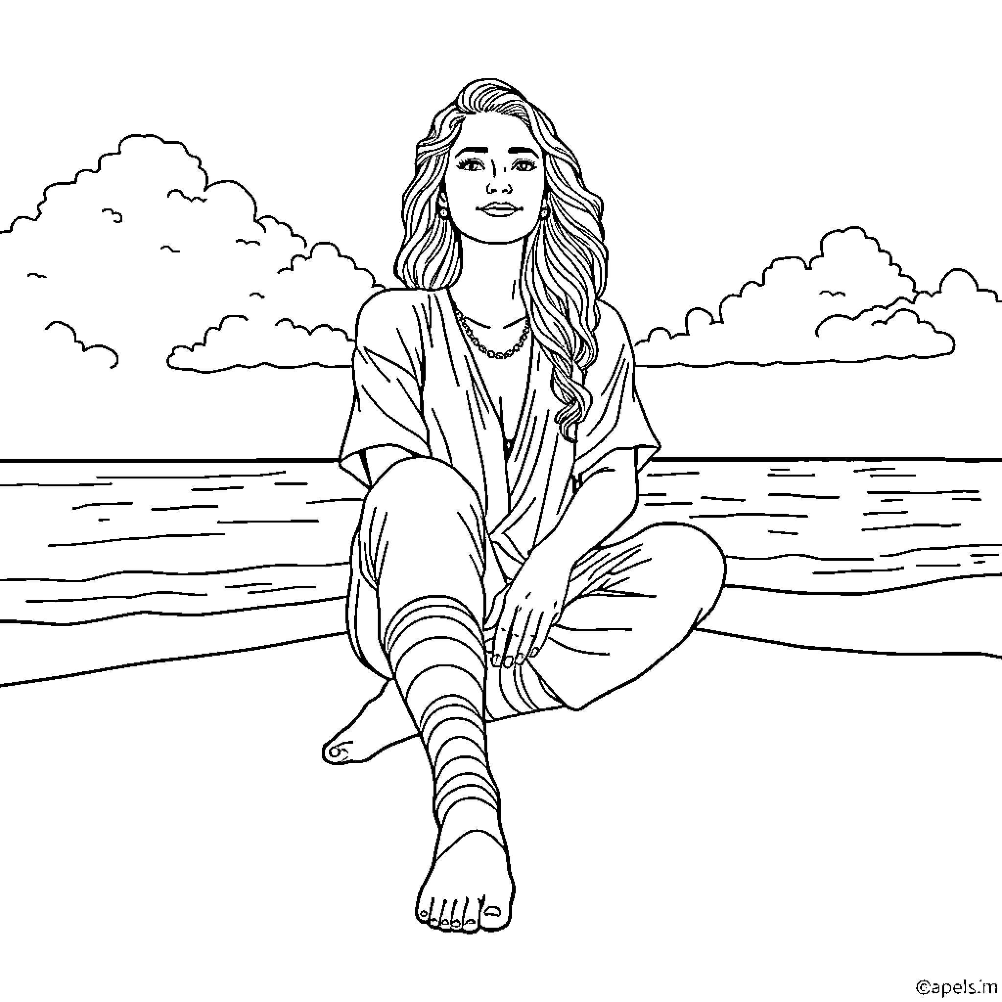 Goddess Relaxing by the Serene Shores Coloring Page (free black-and-white line drawing printable PDF for all, from beginners to advanced learners, including children, teens, adults, and seniors)
