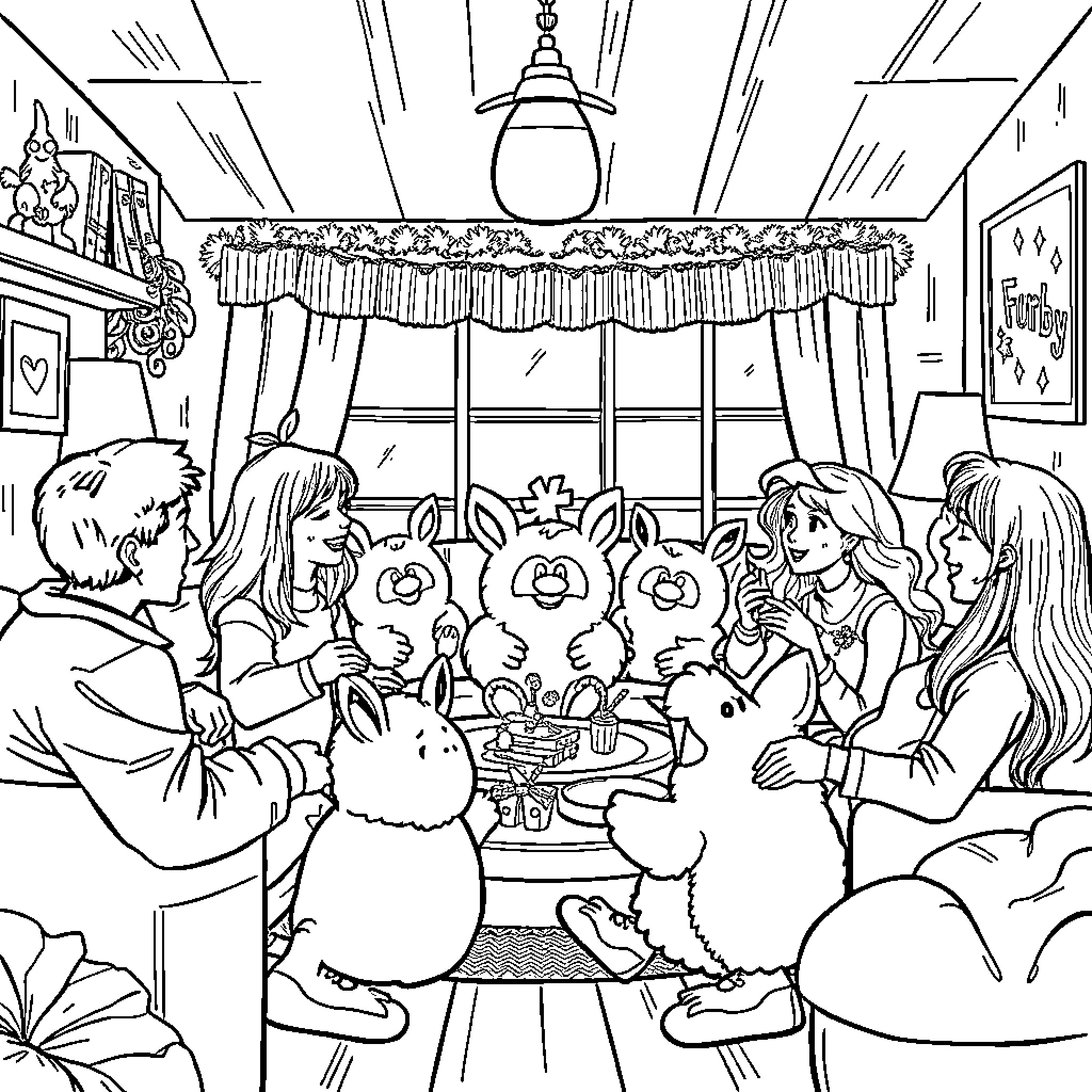 Furby family celebrating a special occasion Coloring Page (free black-and-white line drawing printable PDF for all, from beginners to advanced learners, including children, teens, adults, and seniors)