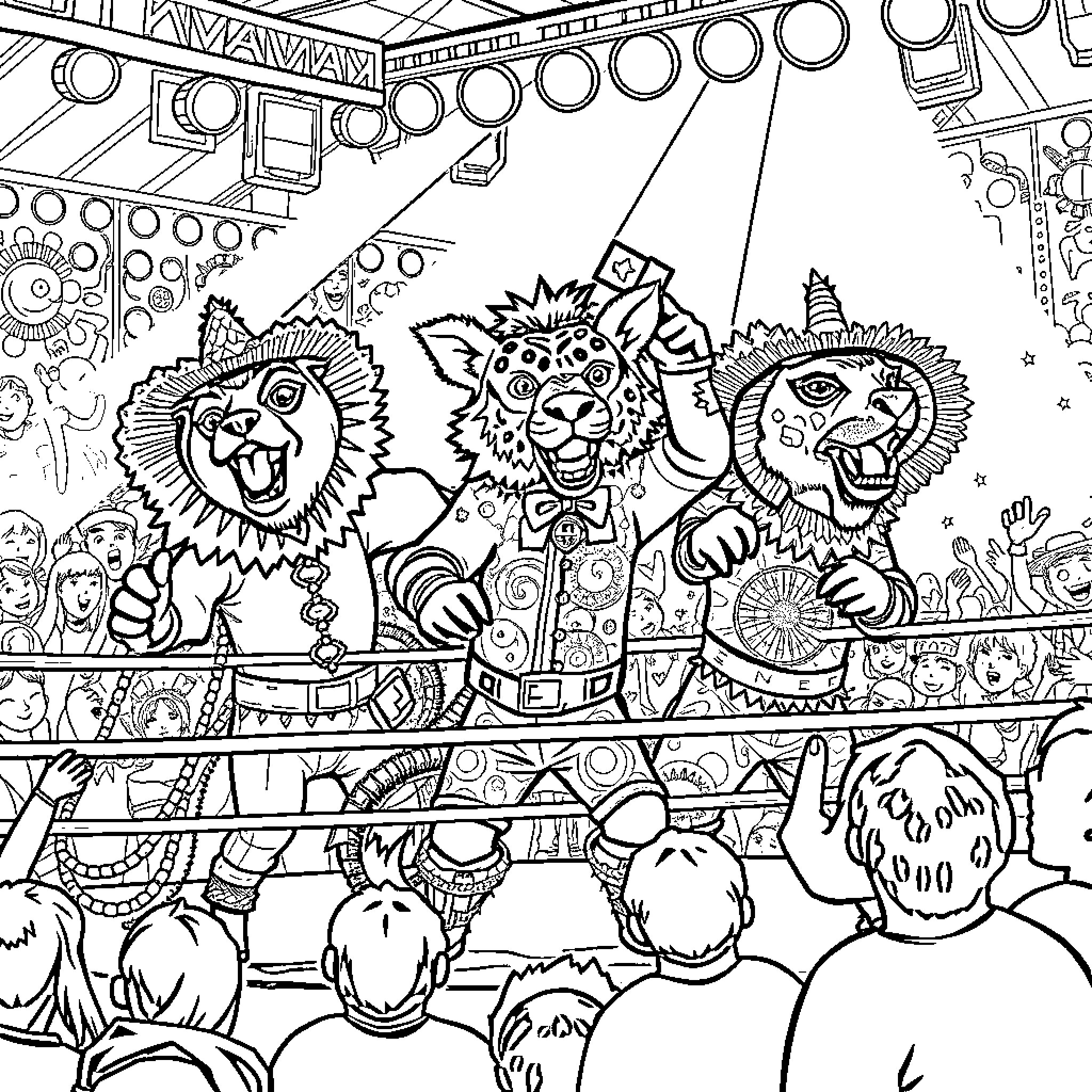 Animal circus performers entertaining the crowd Coloring Page (free black-and-white line drawing printable PDF for all, from beginners to advanced learners, including children, teens, adults, and seniors)