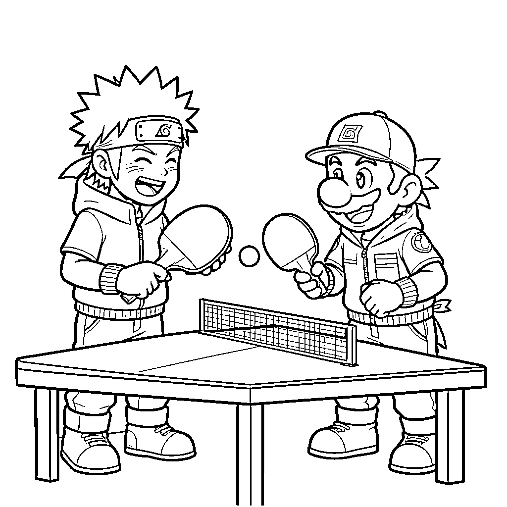 Naruto playing a competitive game of table tennis Coloring Page (free black-and-white line drawing printable PDF for all, from beginners to advanced learners, including children, teens, adults, and seniors)