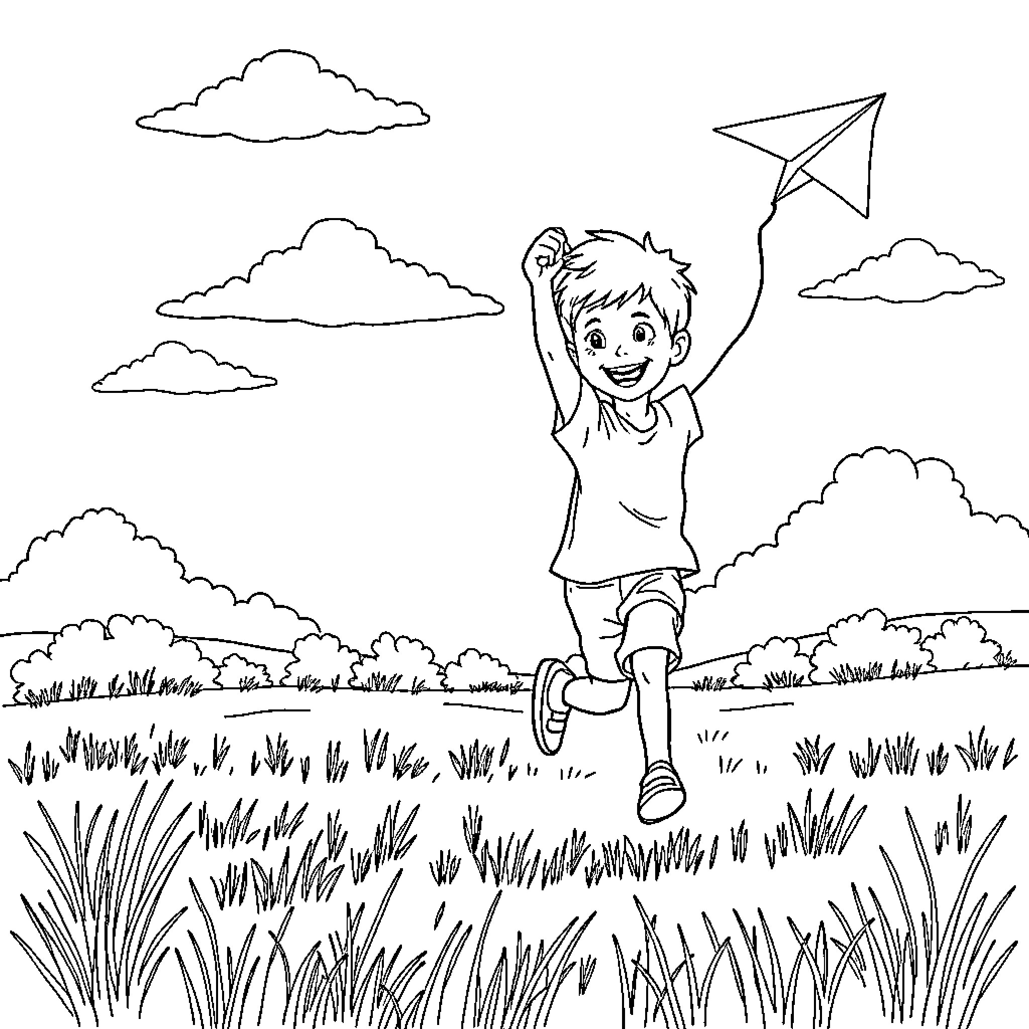 Child playing with paper airplane in the field Coloring Page (free black-and-white line drawing printable PDF for all, from beginners to advanced learners, including children, teens, adults, and seniors)