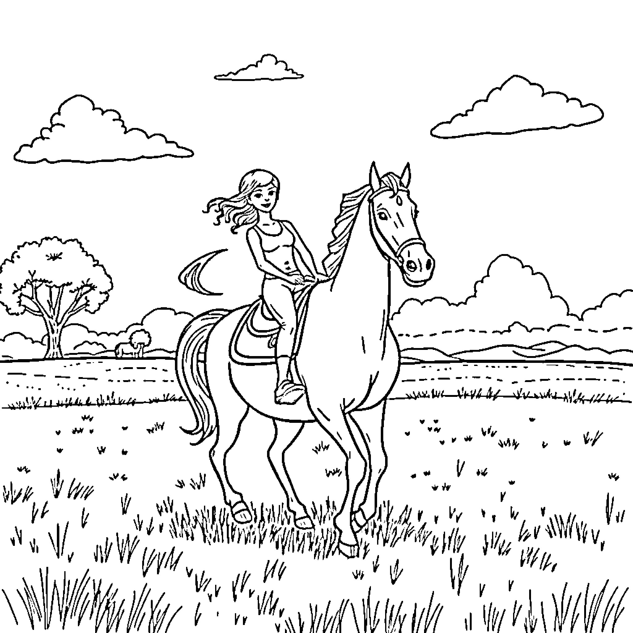 Clara Morgane riding a horse through a field Coloring Page (free black-and-white line drawing printable PDF for all, from beginners to advanced learners, including children, teens, adults, and seniors)