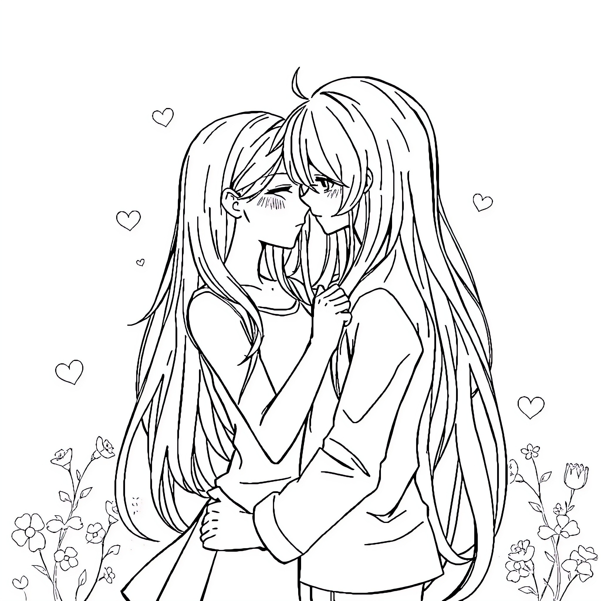 Anime Girl in a loving embrace Coloring Page (free black-and-white line drawing printable PDF for all, from beginners to advanced learners, including children, teens, adults, and seniors)