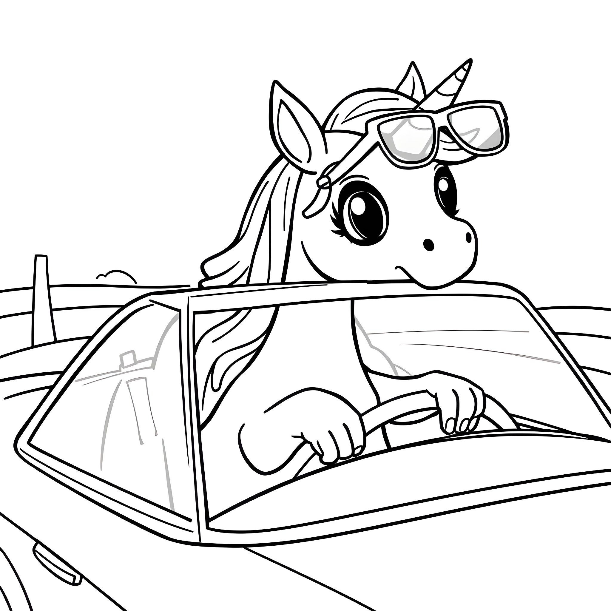 Unicorn driving a car with cool sunglasses Coloring Page (free black-and-white line drawing printable PDF for all, from beginners to advanced learners, including children, teens, adults, and seniors)